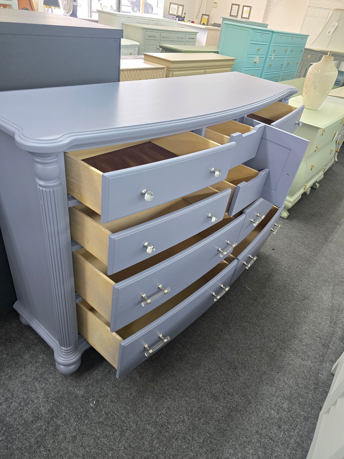 Blue gray bowfront dresser