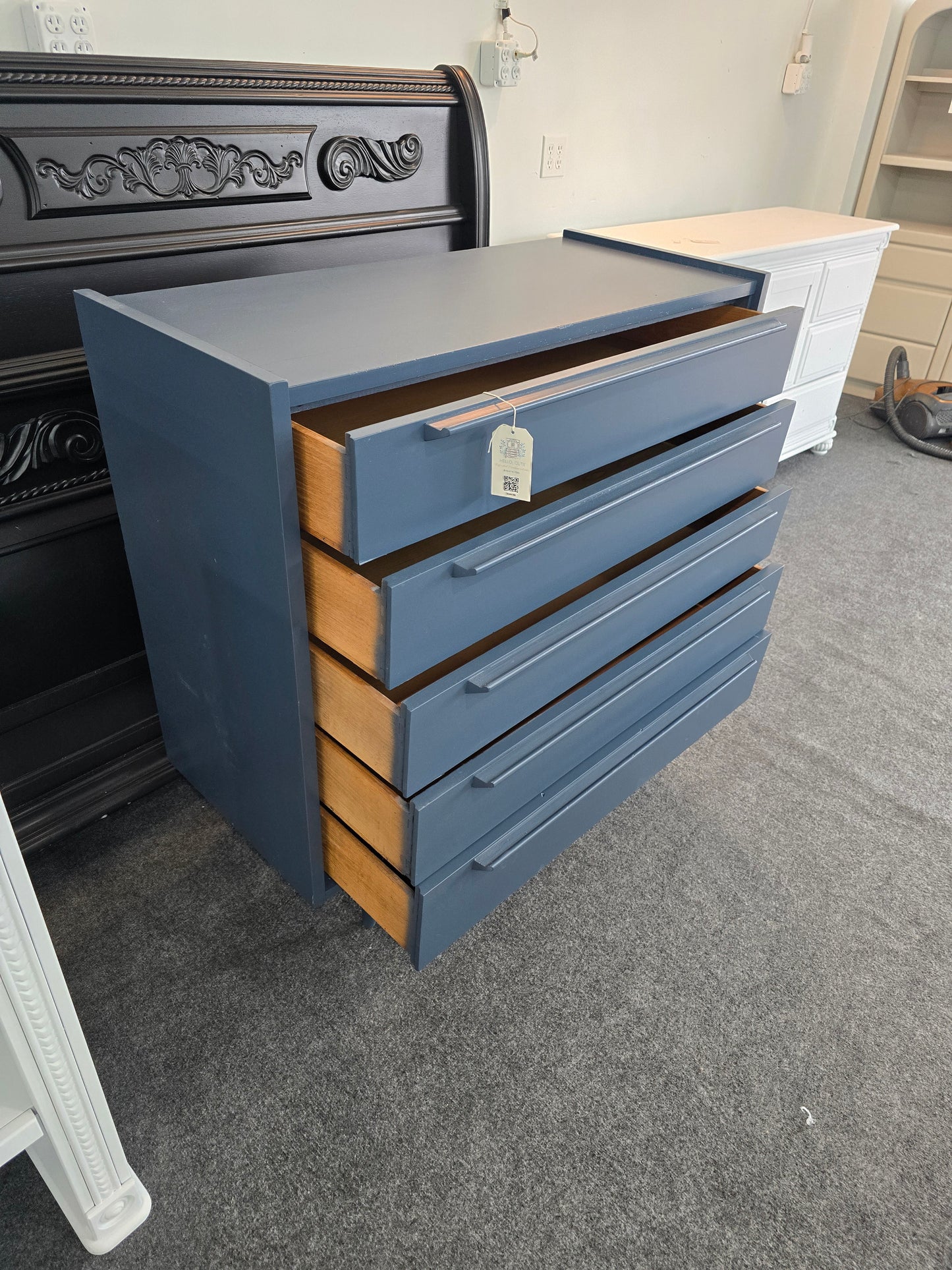 Solid wood MCM dark blue chest
