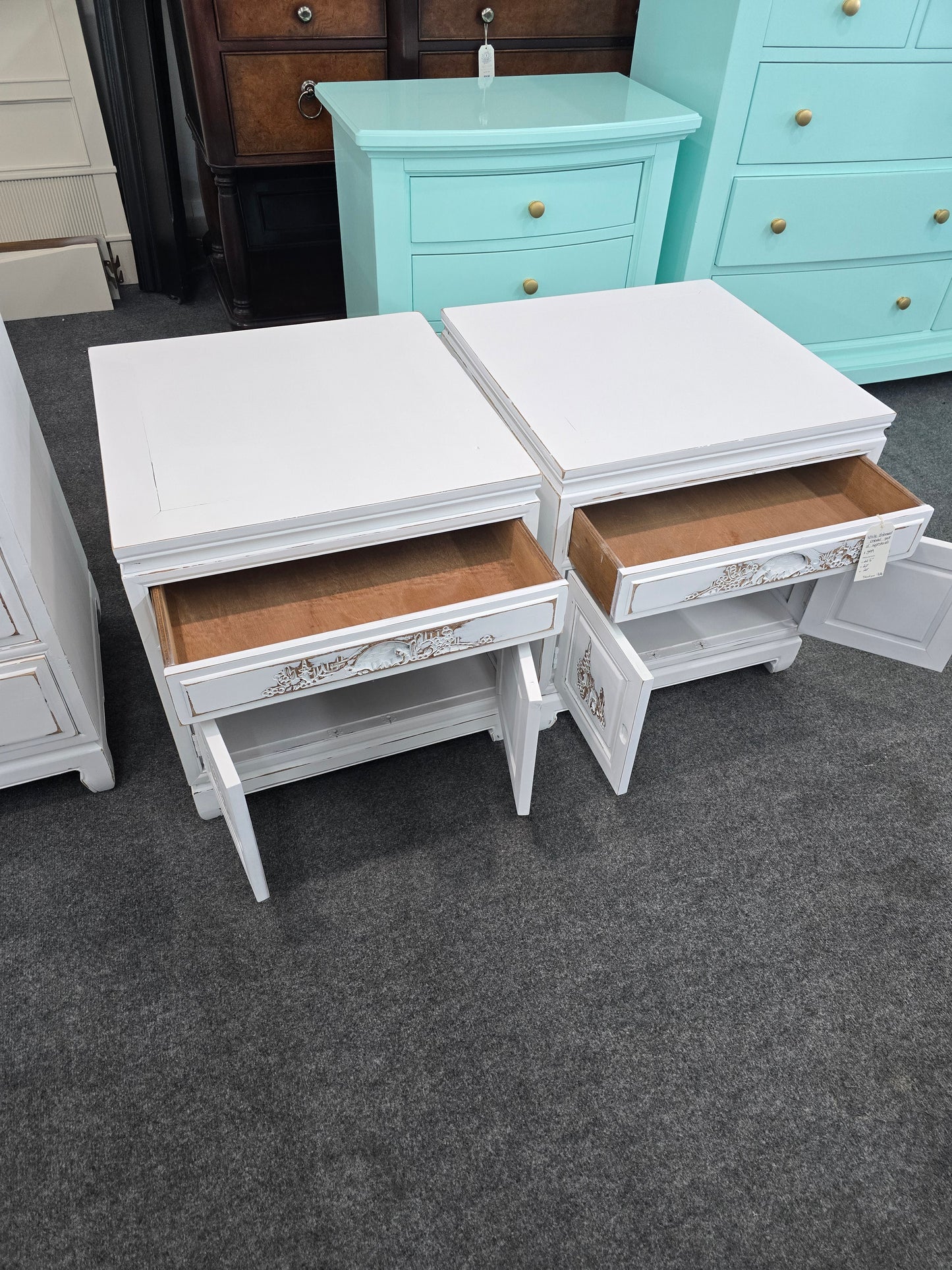 White Distressed oriental pair of nightstands