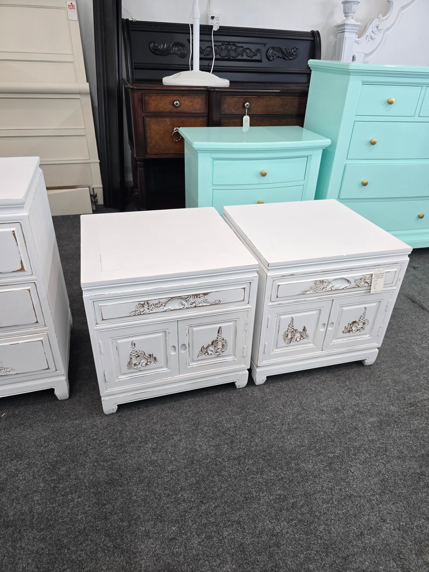 White Distressed oriental pair of nightstands