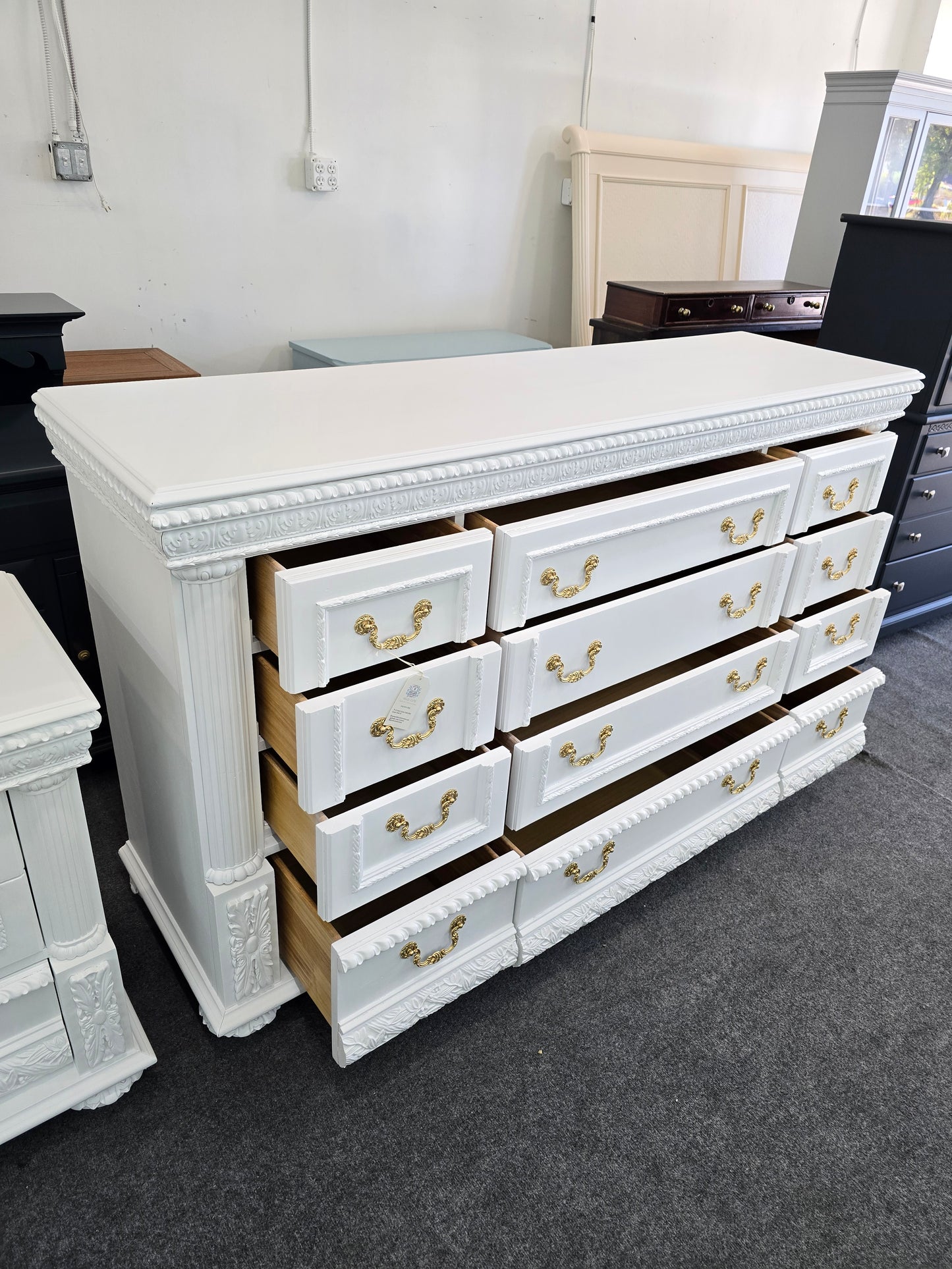 Gorgeous 12 drawers white carved dresser