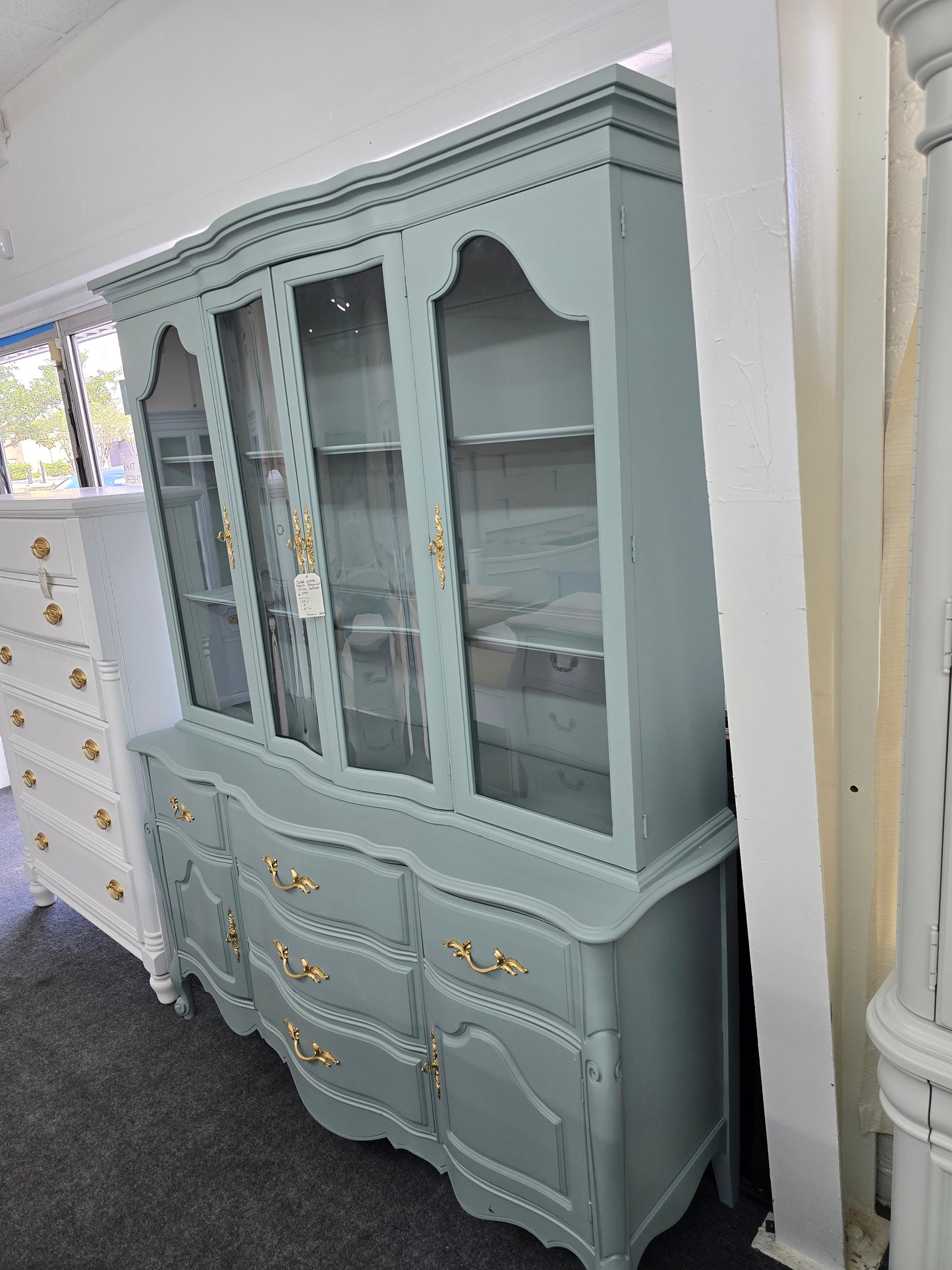 Solid wood teal french provincial china caninet
