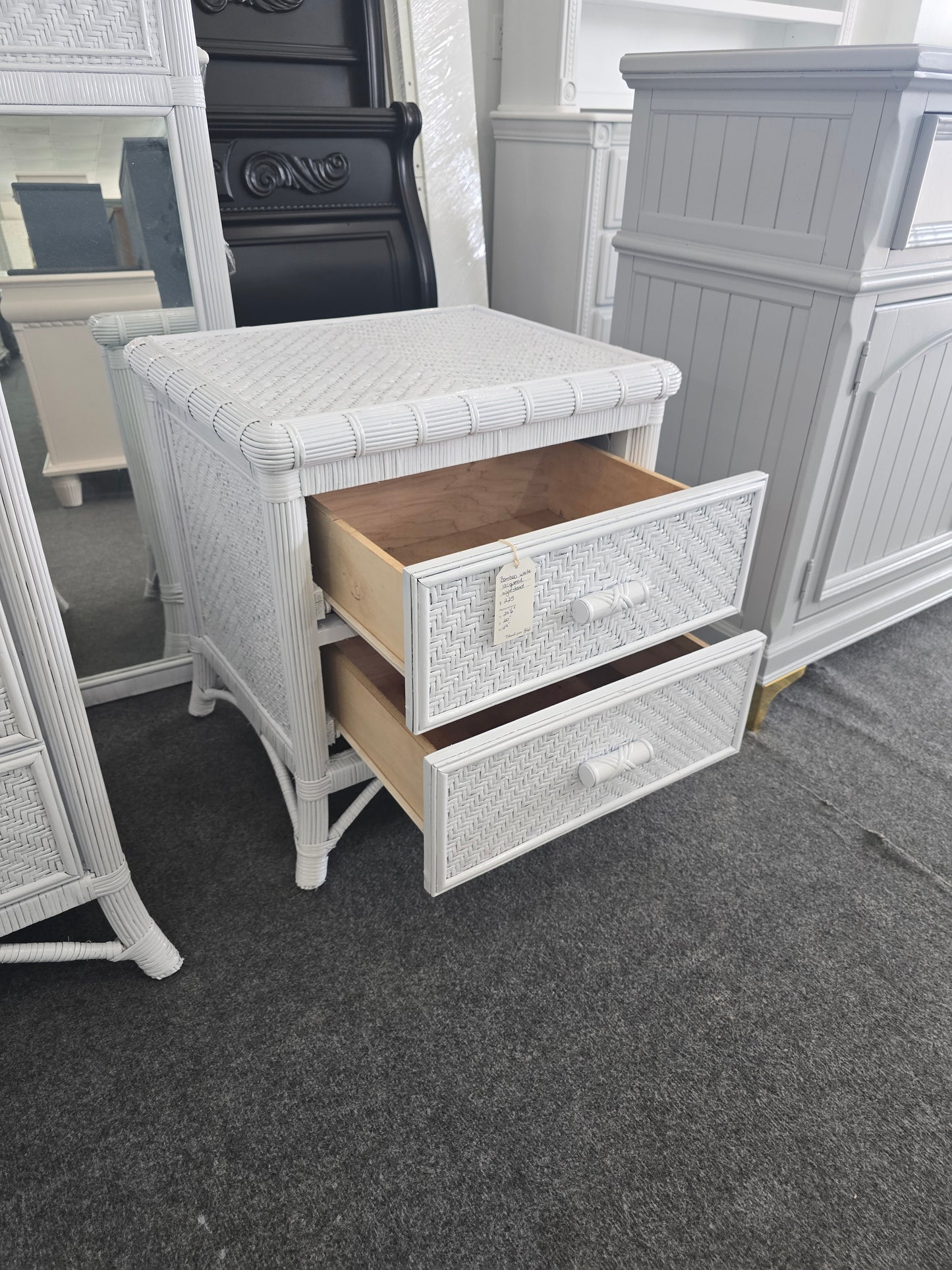 White lacquered bamboo & rattan nightstand