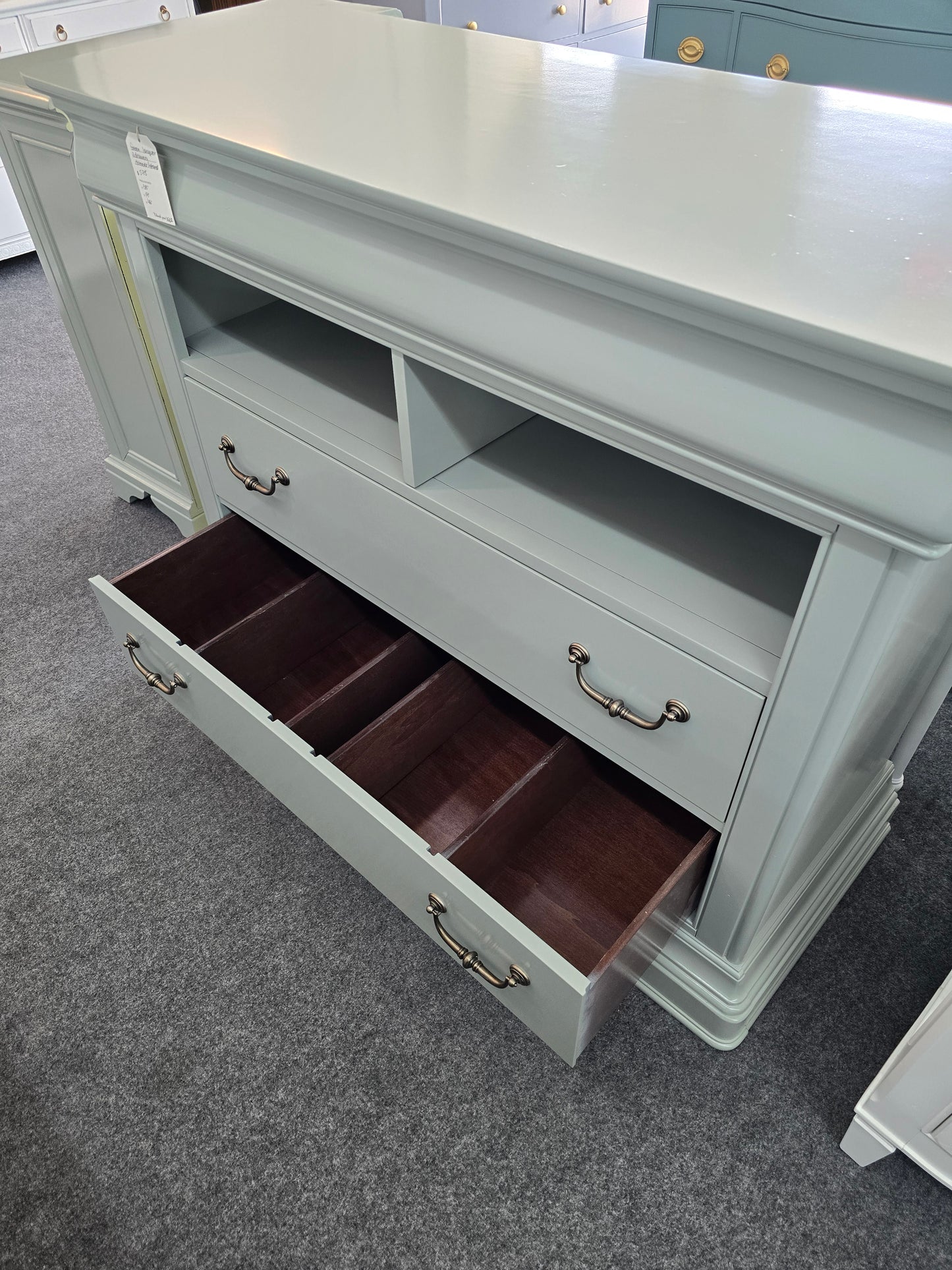 Minty green lacquered Havertys dresser/stand