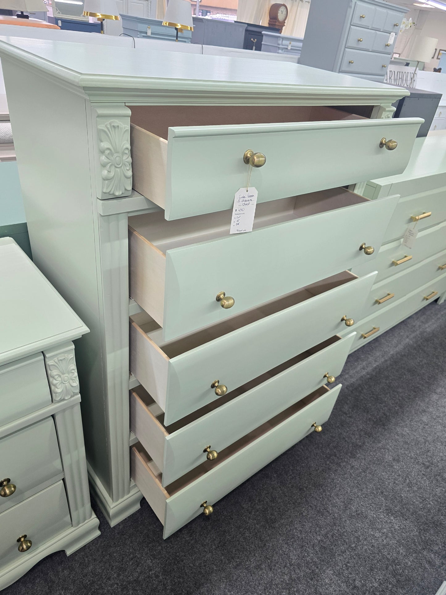 Super cute green 5 drawers tall chest