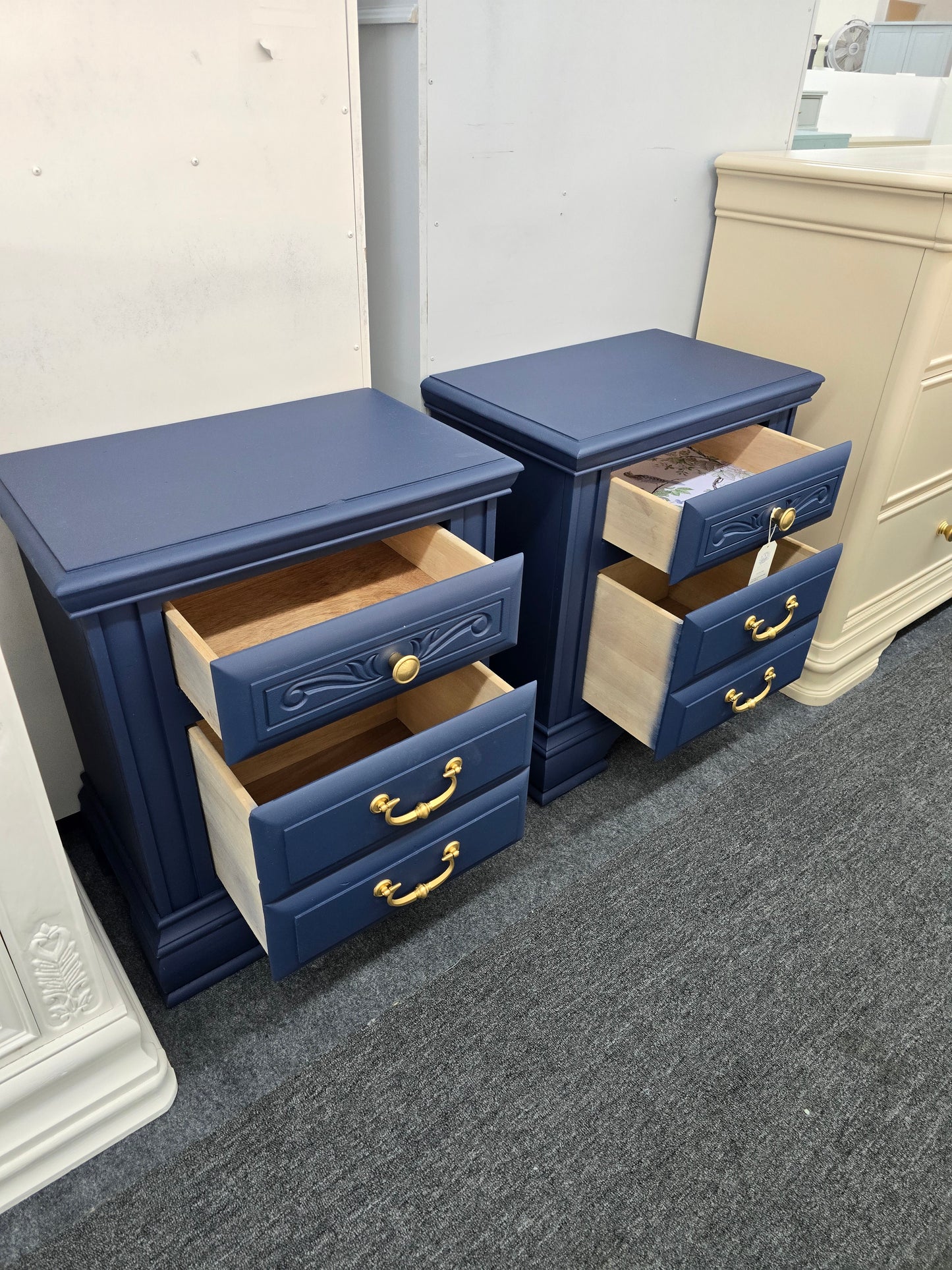 Legacy traditions navy blue pair of vintage nightstands