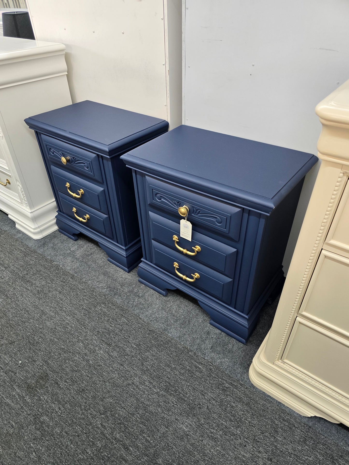 Legacy traditions navy blue pair of vintage nightstands