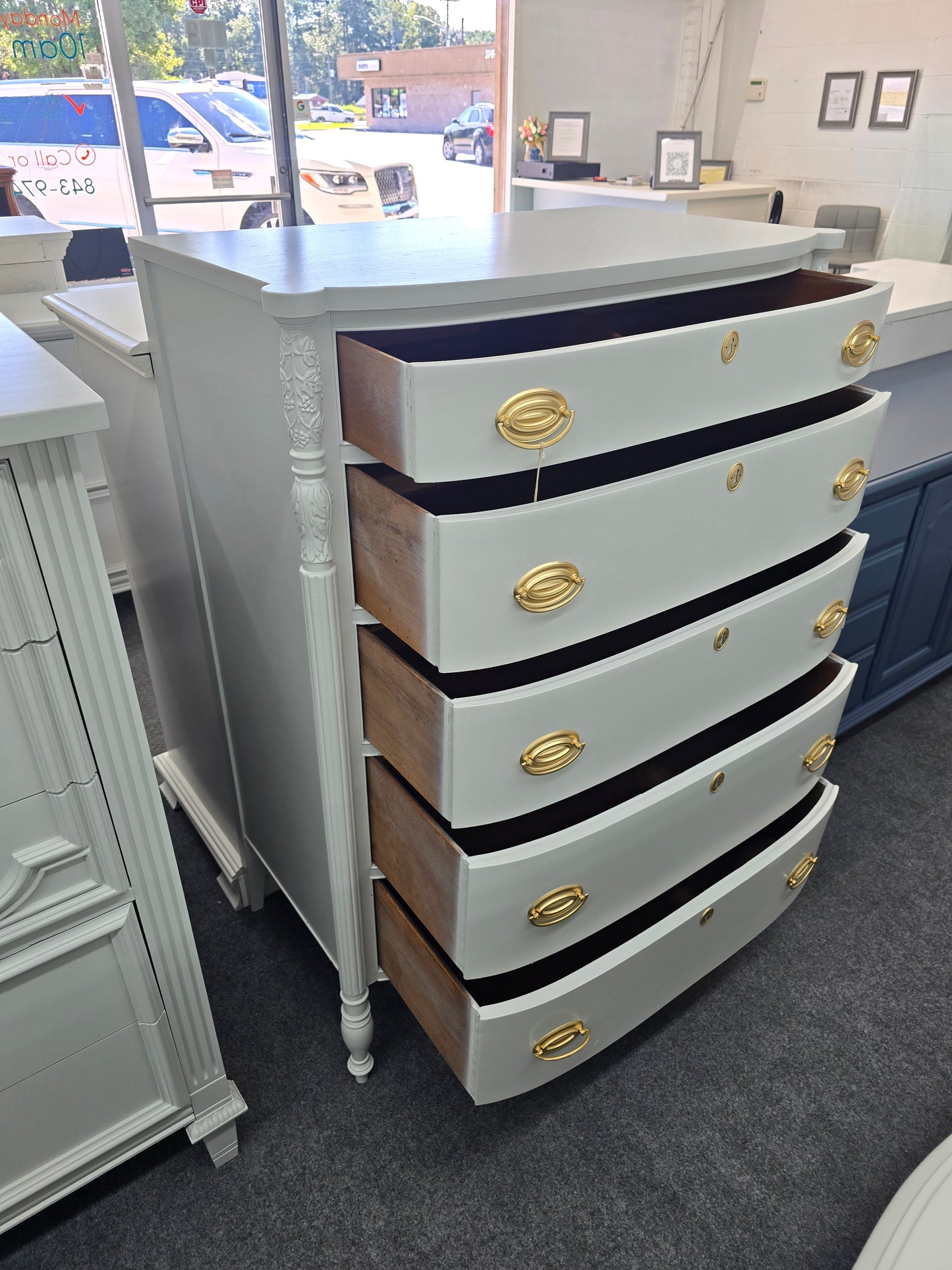 Gray solid wood bowfront chest