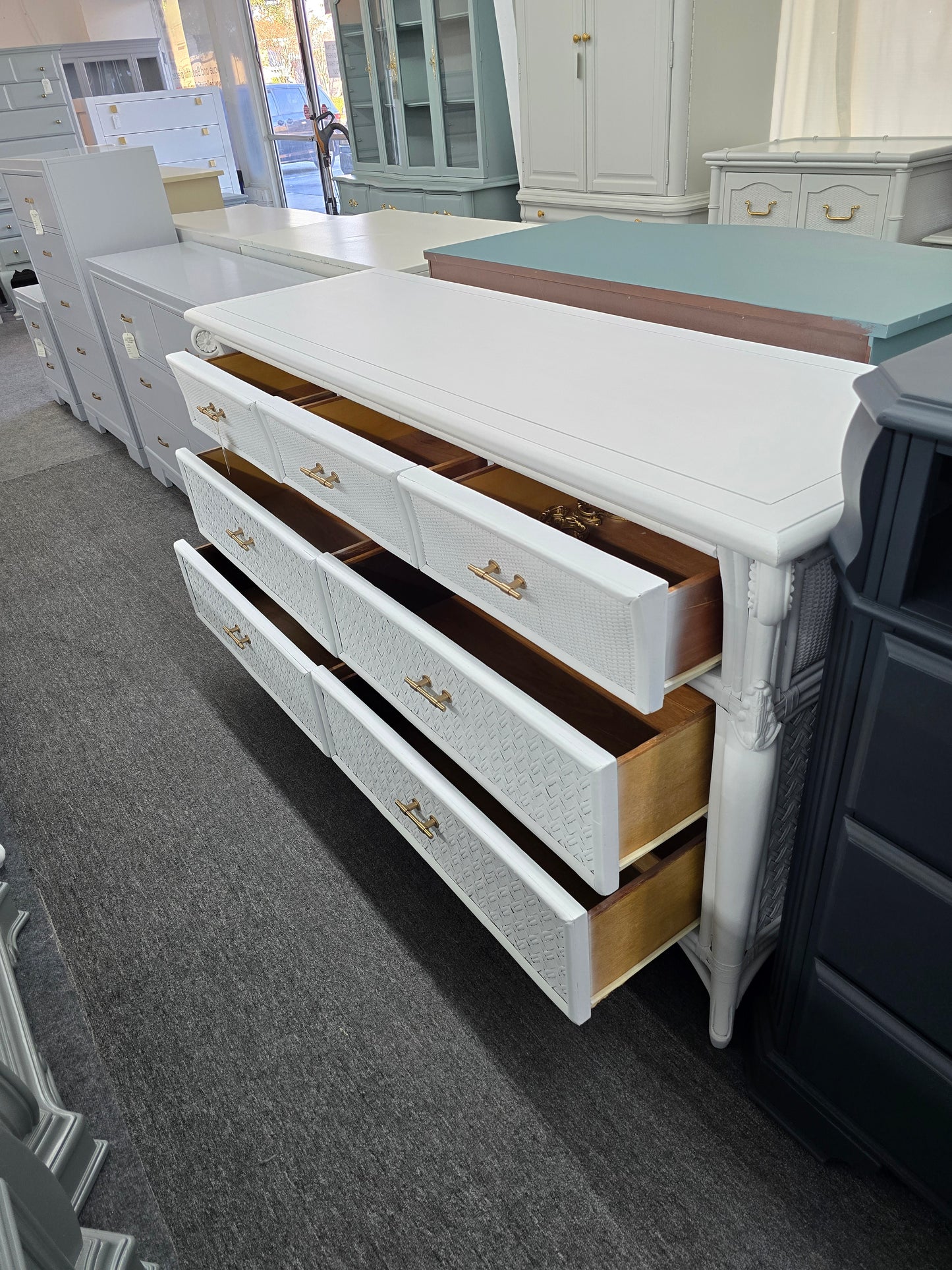 Solid wood and rattan white dresser