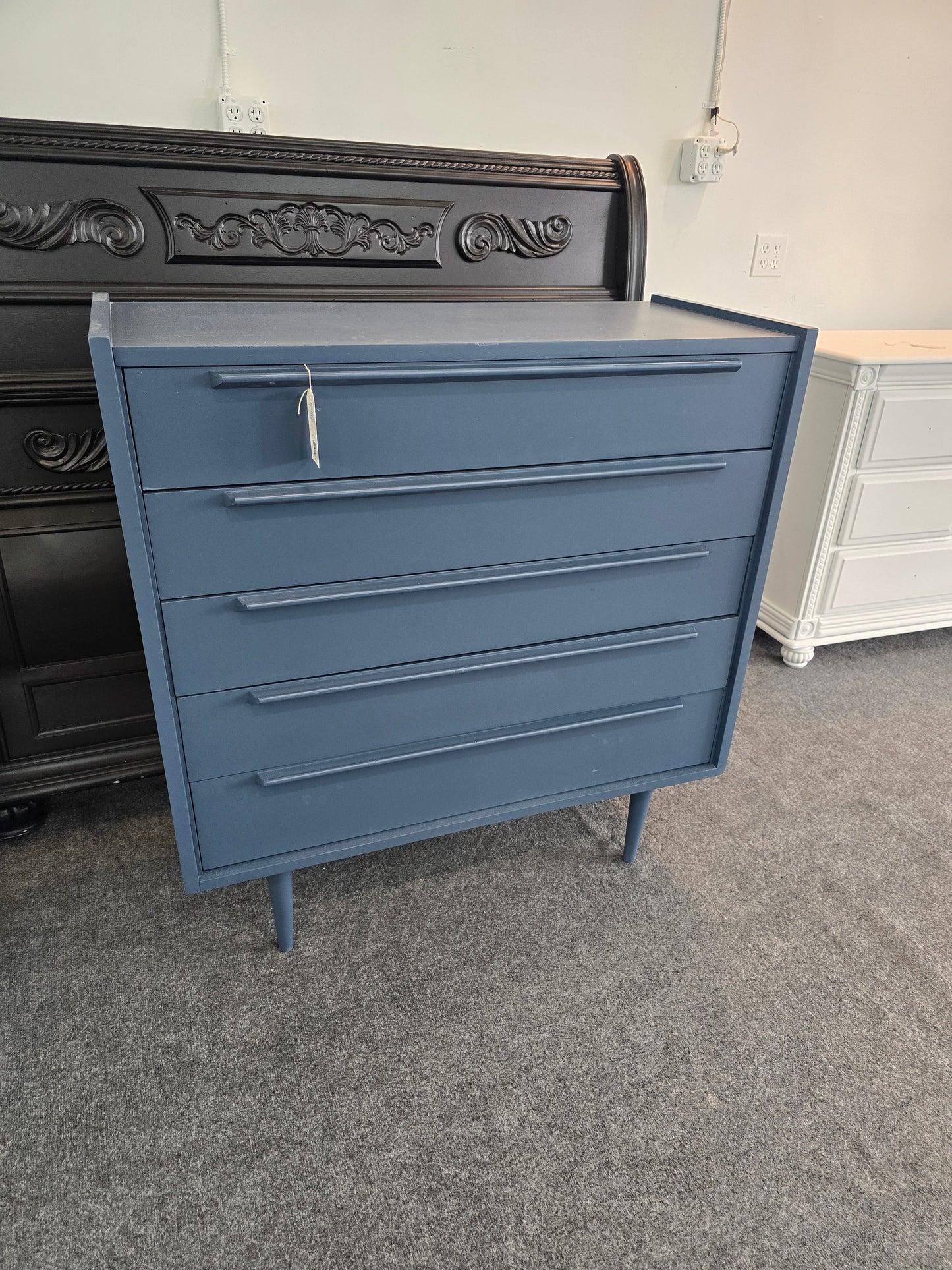 Solid wood MCM dark blue chest