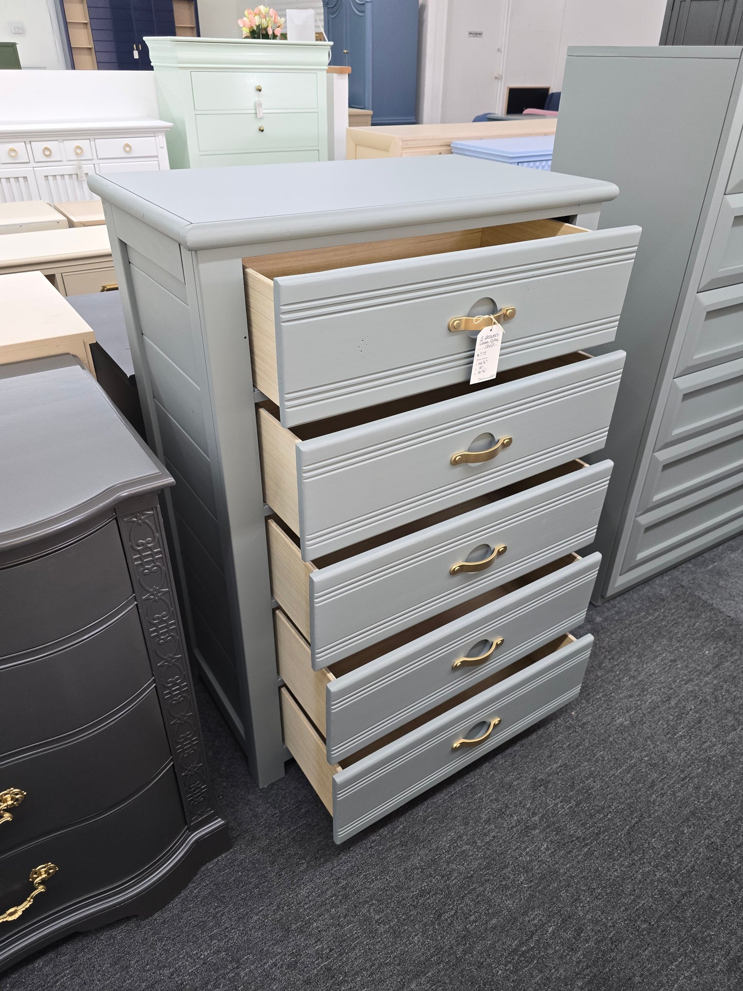 5 drawers green gray chest