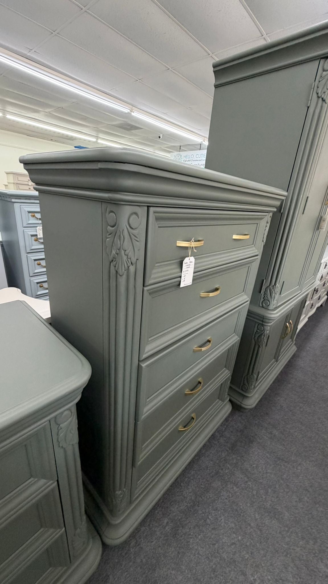 Pewter green carved chest