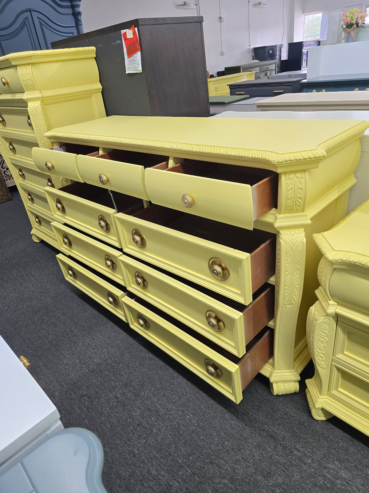 Cute soft yellow carved dresser