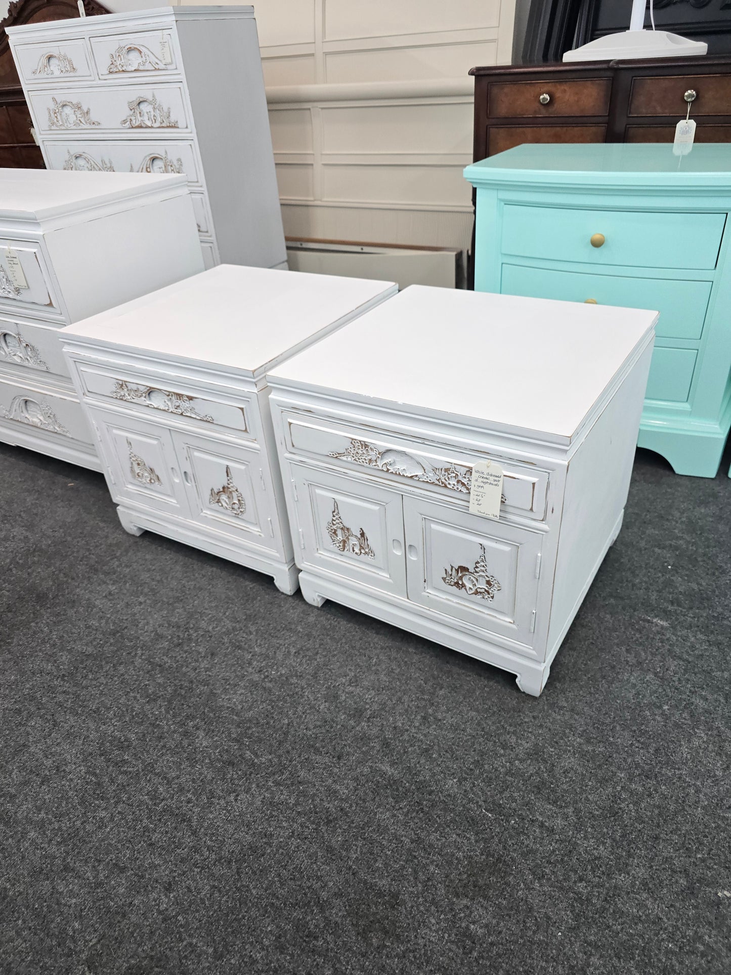 White Distressed oriental pair of nightstands