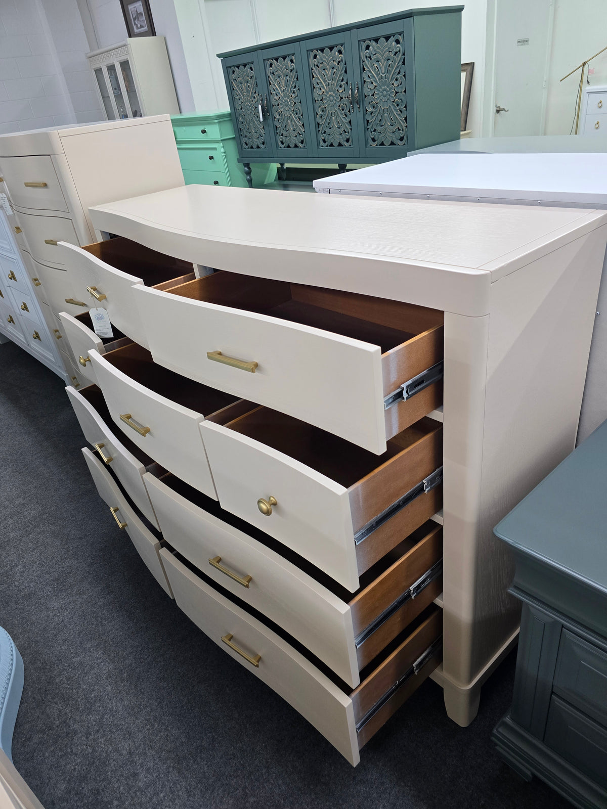 Cream lacquered bowfront dresser