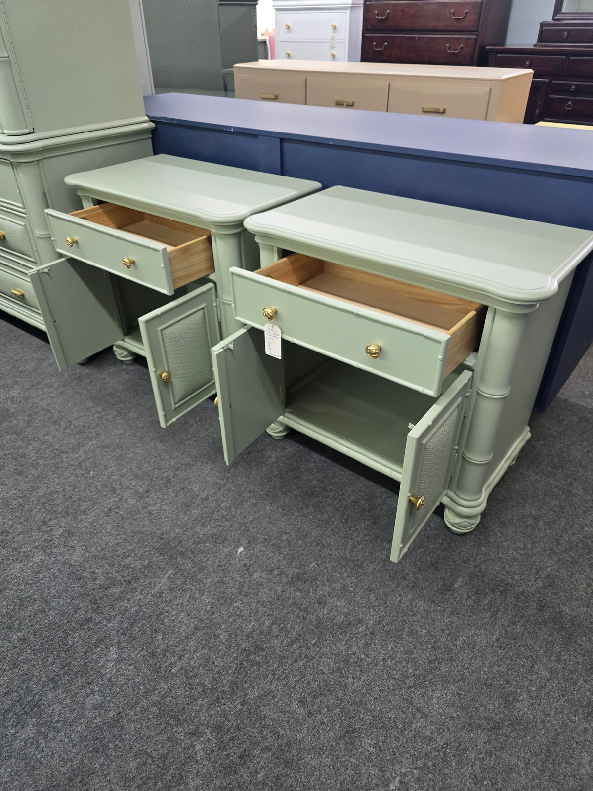 Havertys green bamboo nightstands set