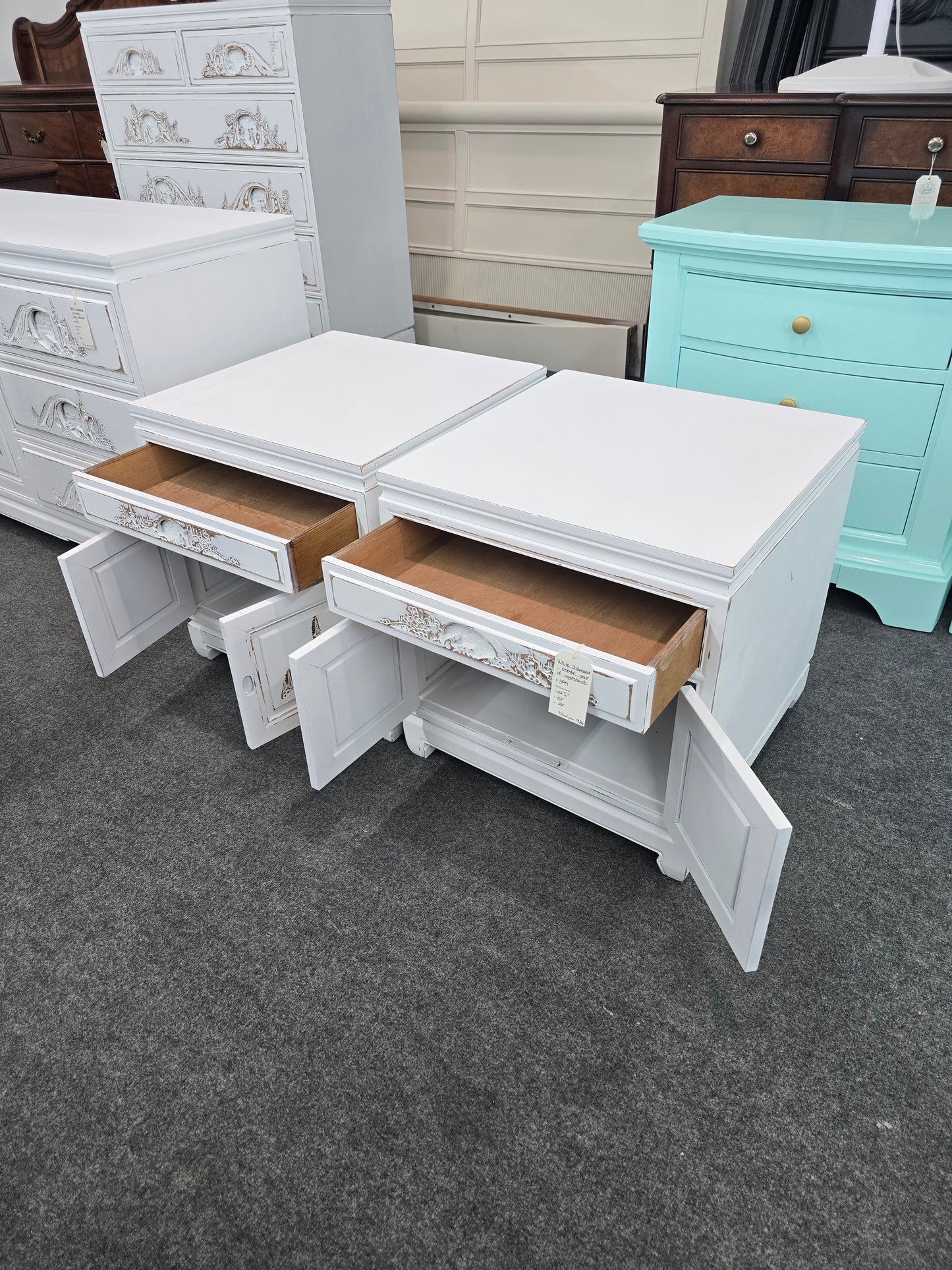 White Distressed oriental pair of nightstands