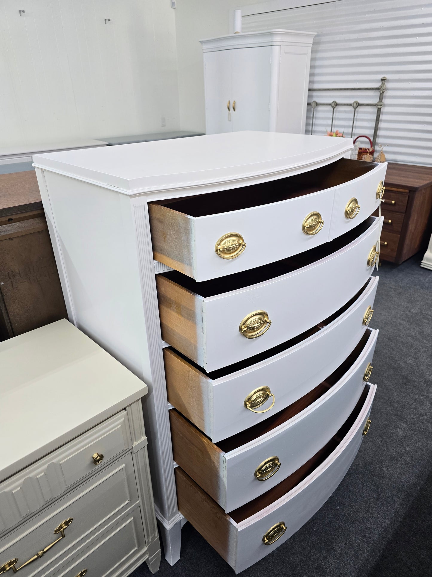 Bowfront pale pink chest