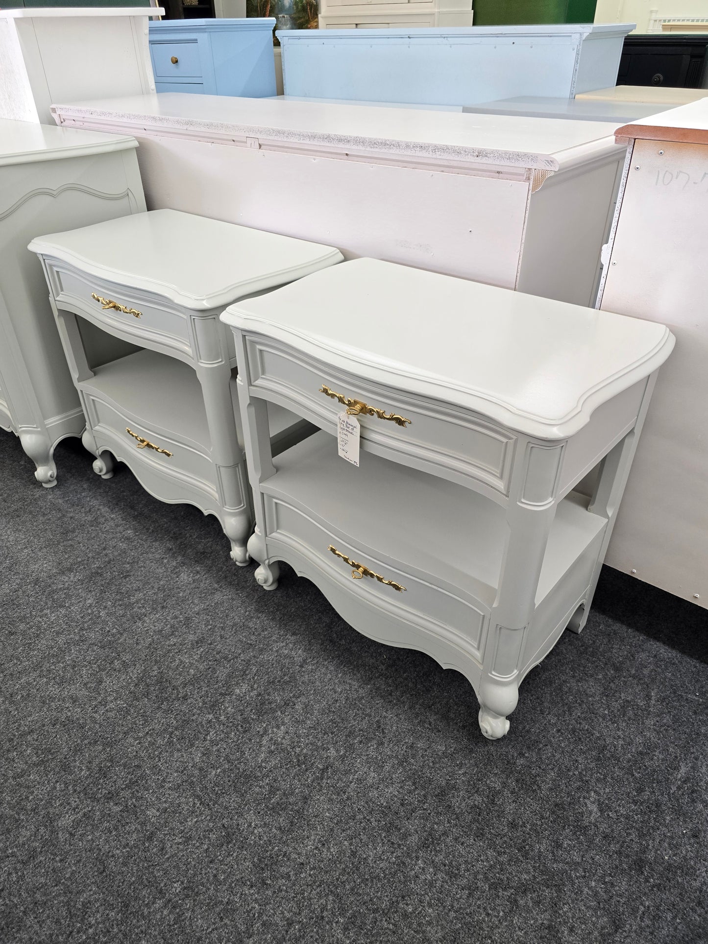 French provincial solid wood gray pair of nightstands
