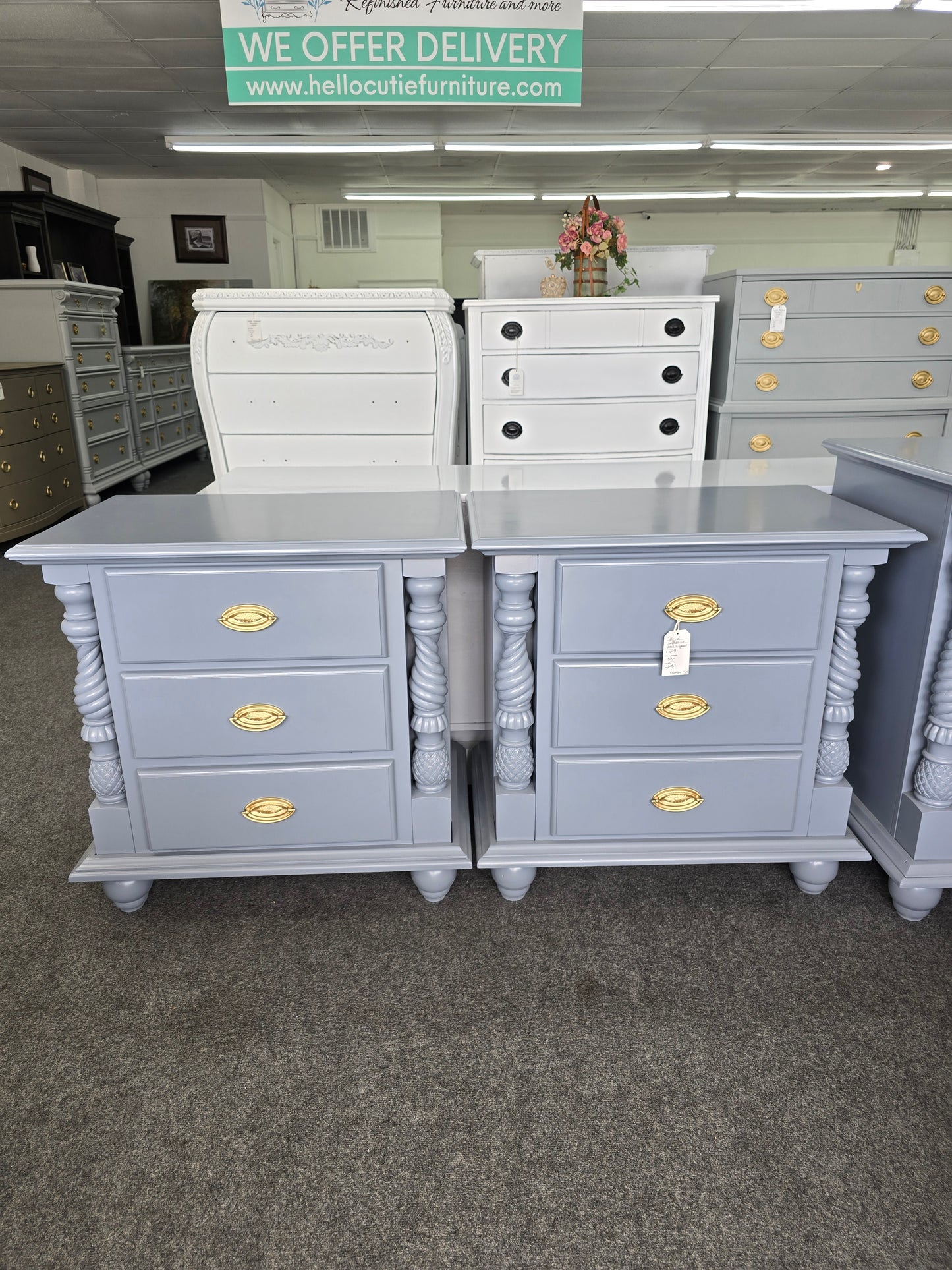 2 gray lacquered nightstands