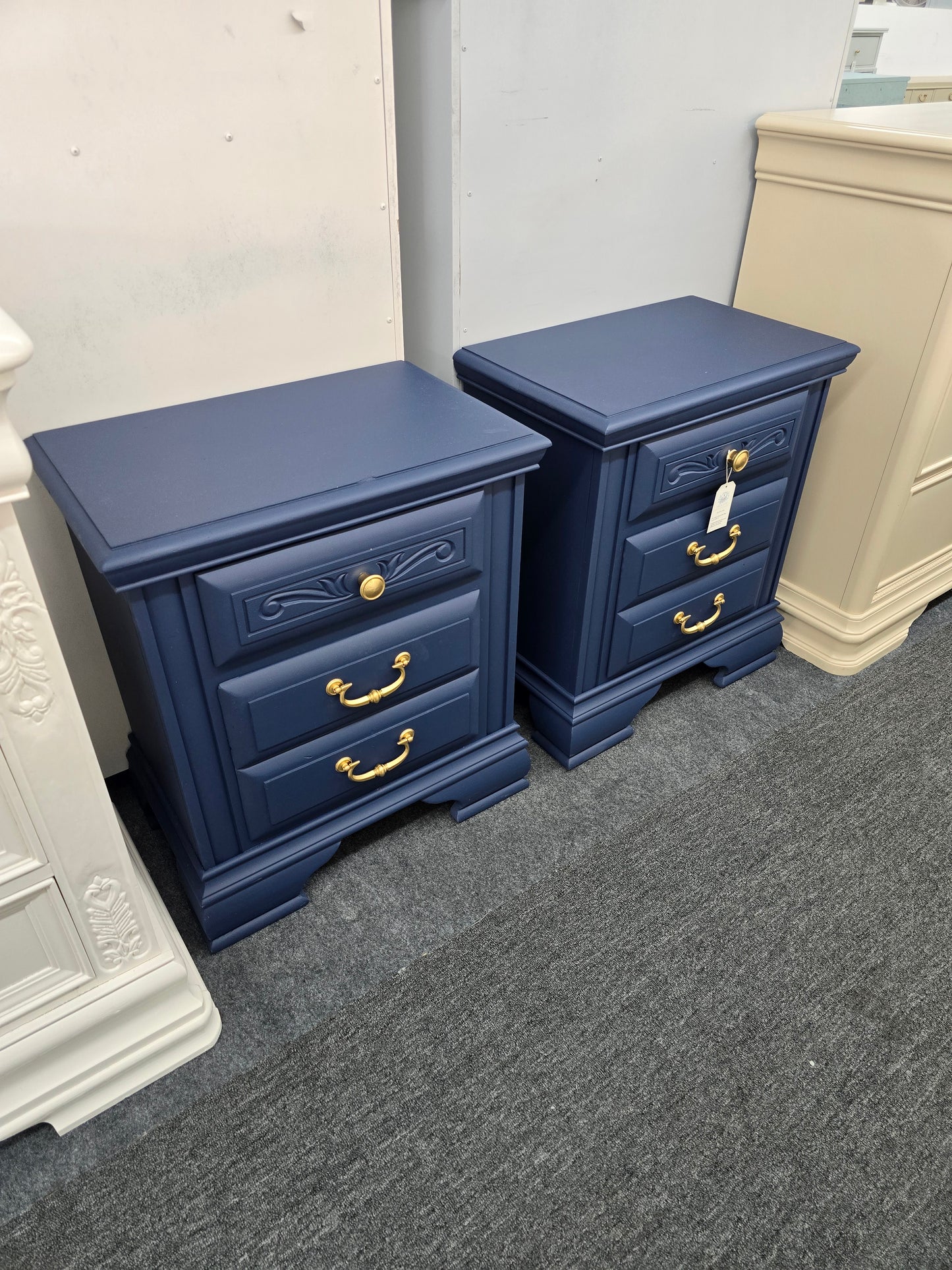 Legacy traditions navy blue pair of vintage nightstands