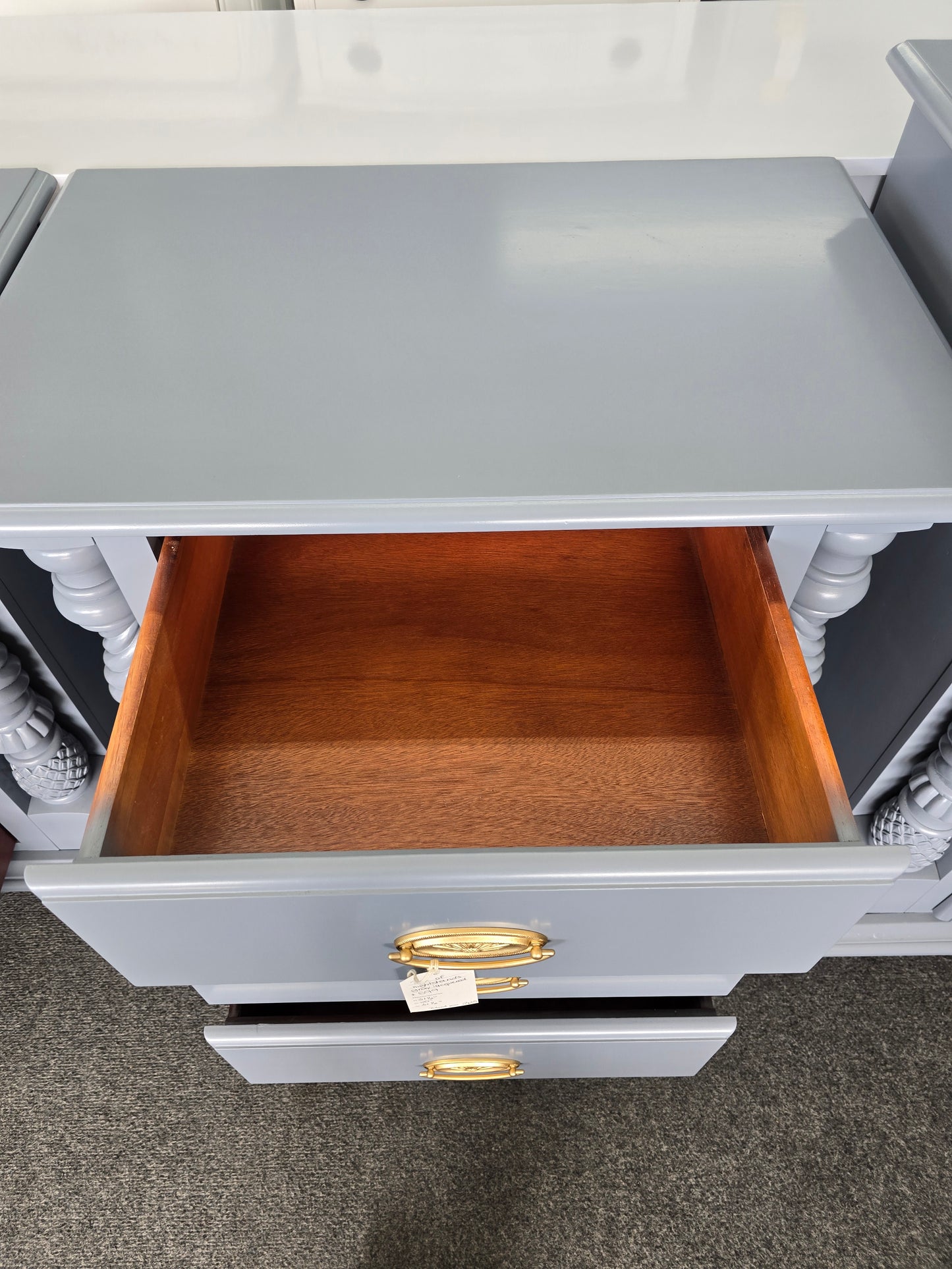 2 gray lacquered nightstands