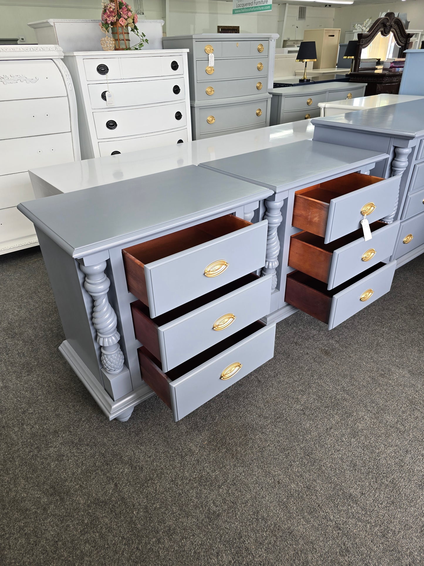 2 gray lacquered nightstands