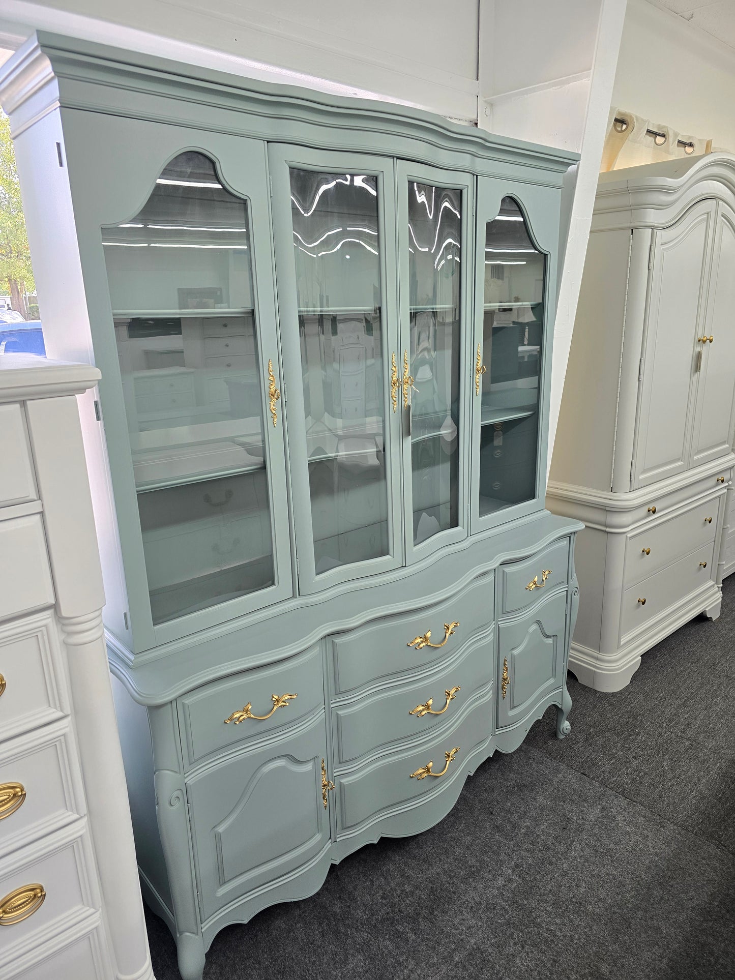 Solid wood teal french provincial china caninet