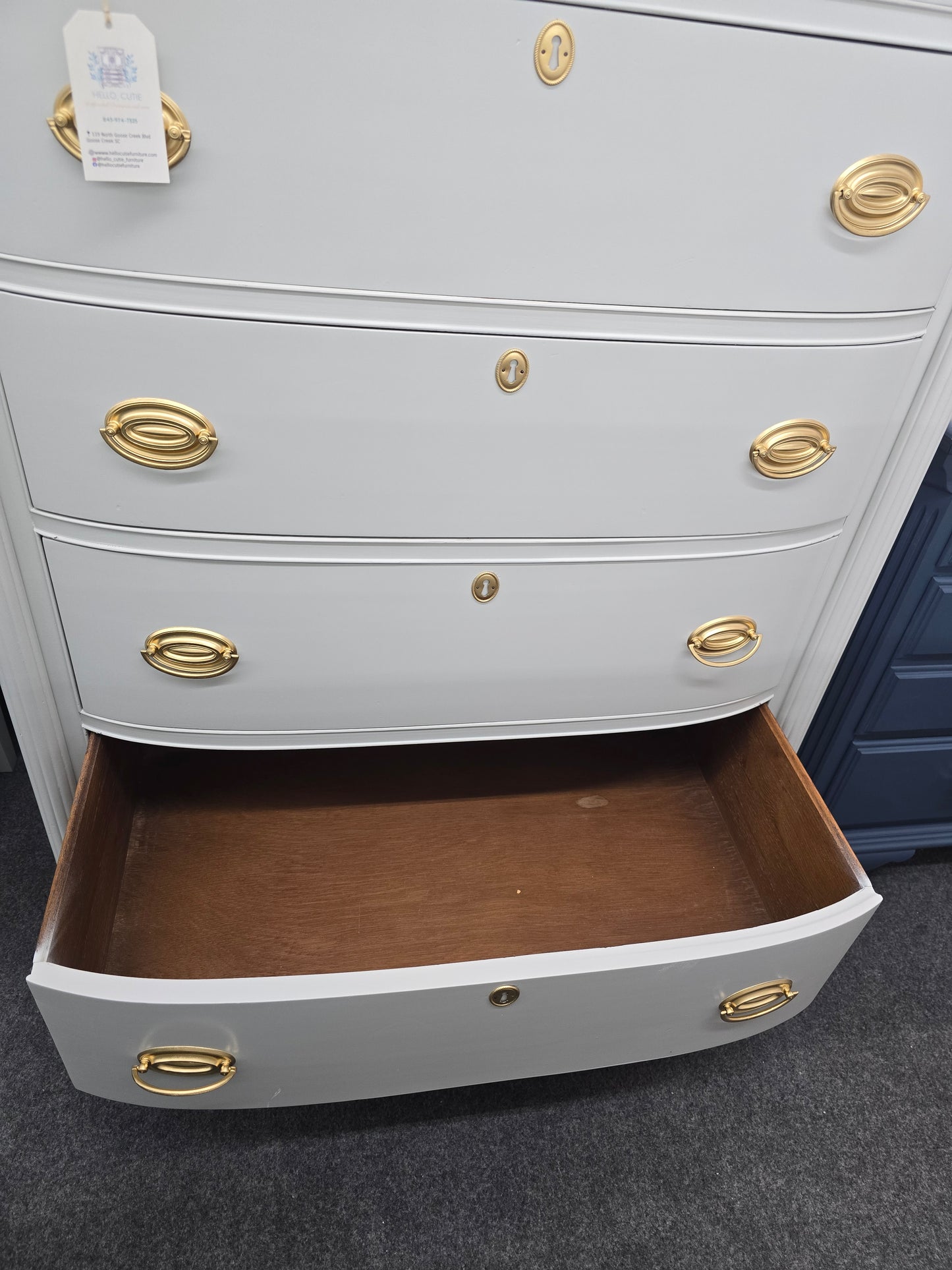 Gray solid wood bowfront chest