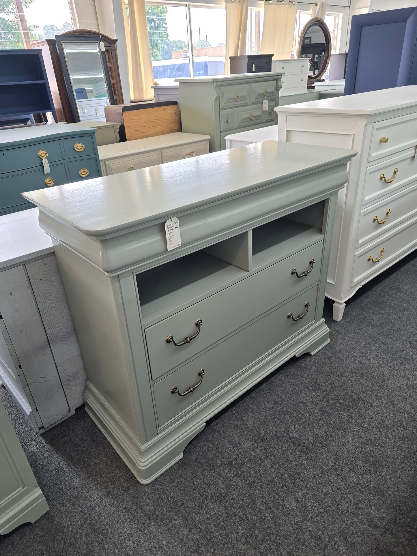 Minty green lacquered Havertys dresser/stand
