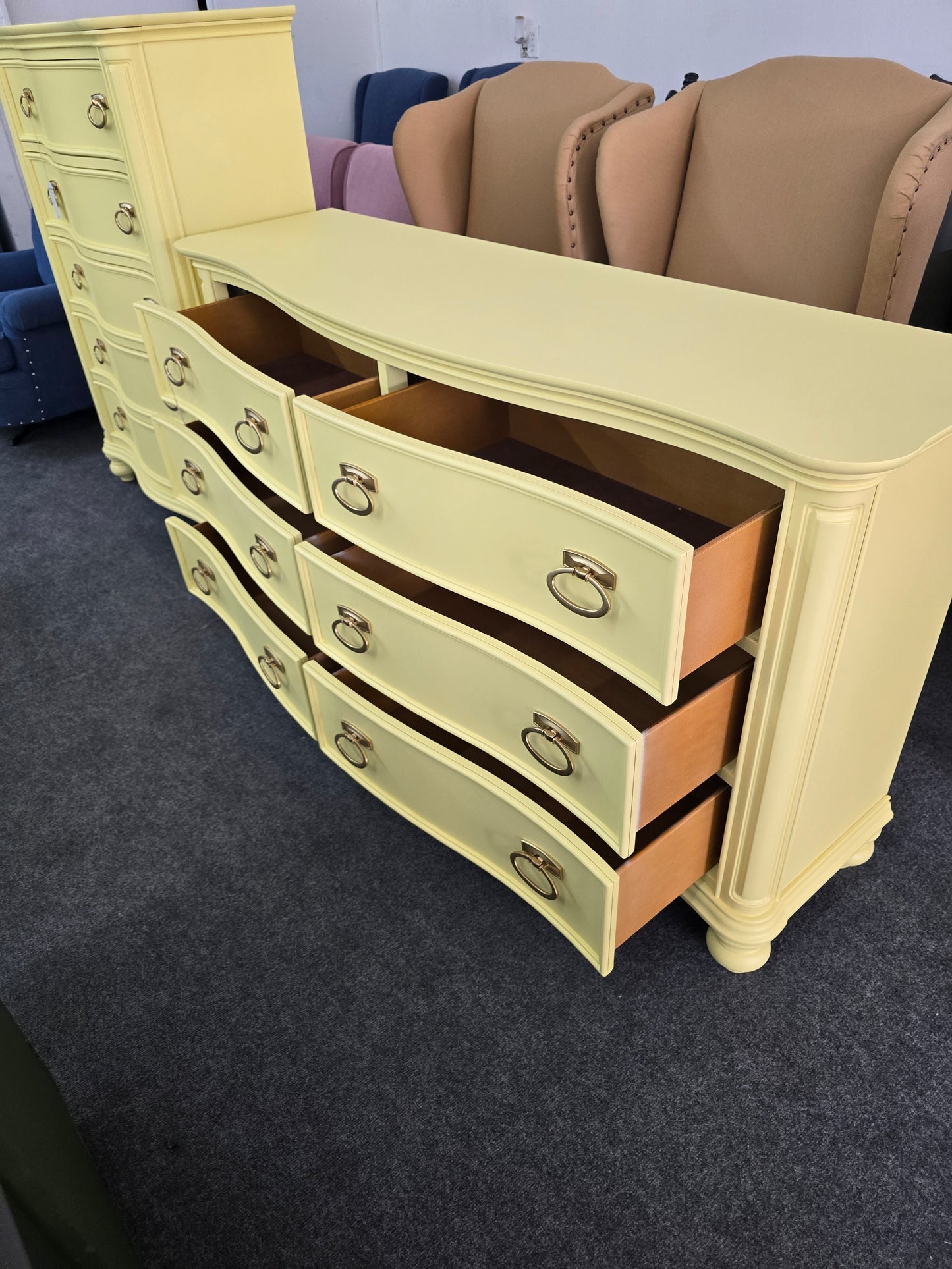 Soft yellow bowfront modern dresser