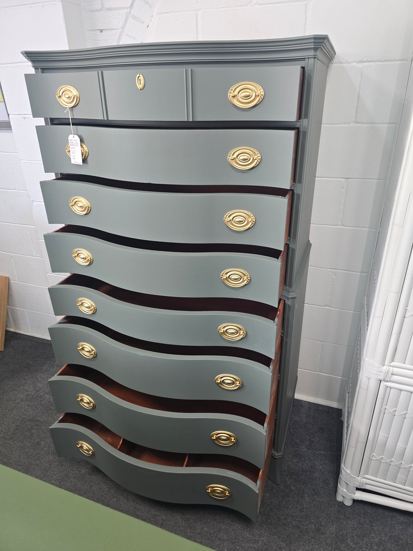 Pewter green serpentine tall chest