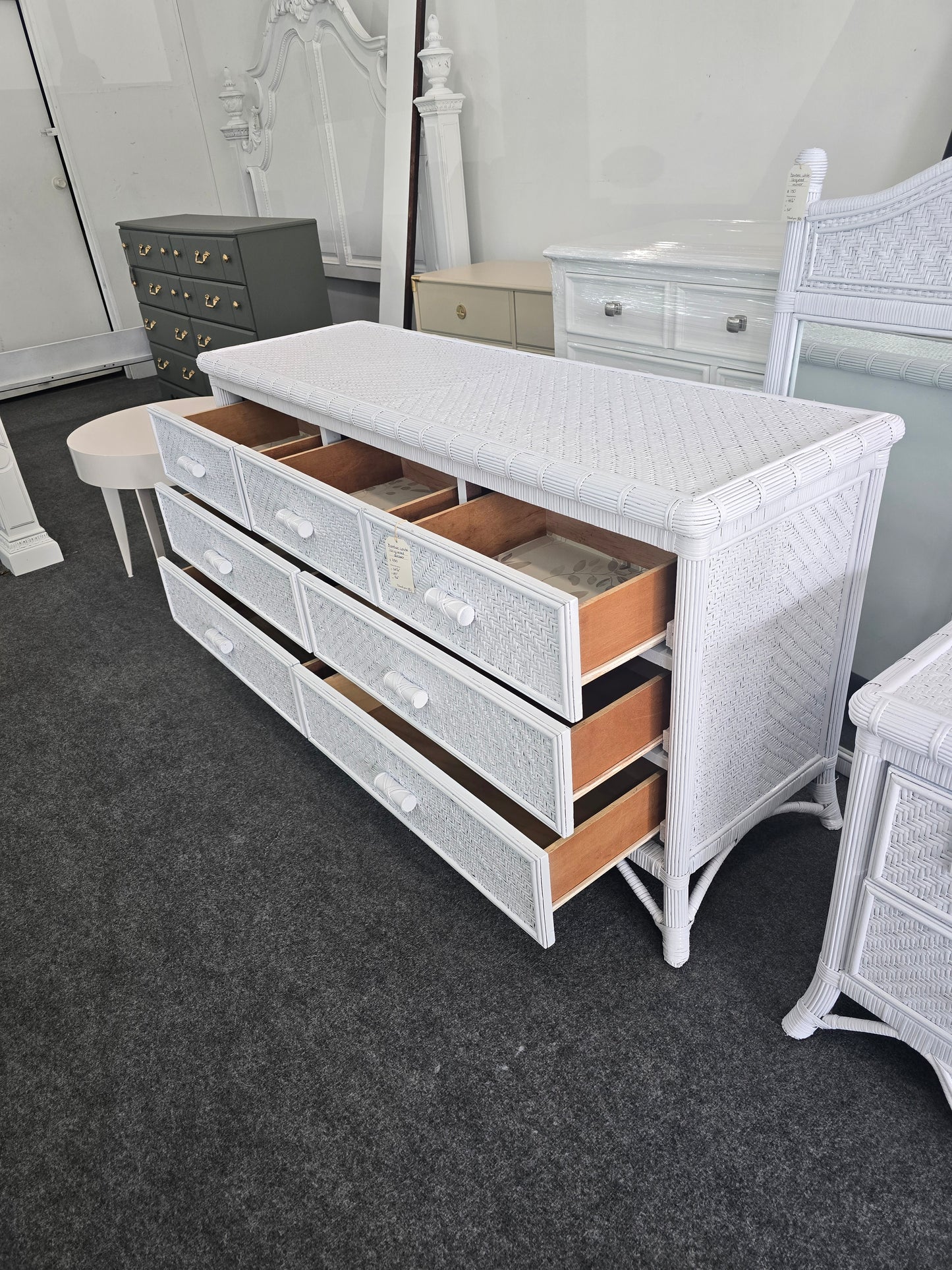 White lacquered bamboo & rattan dresser