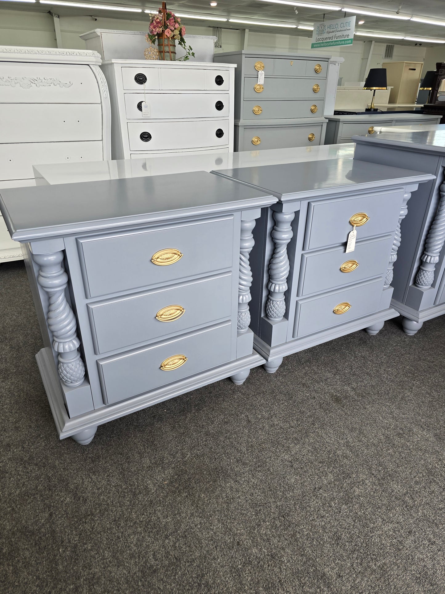 2 gray lacquered nightstands