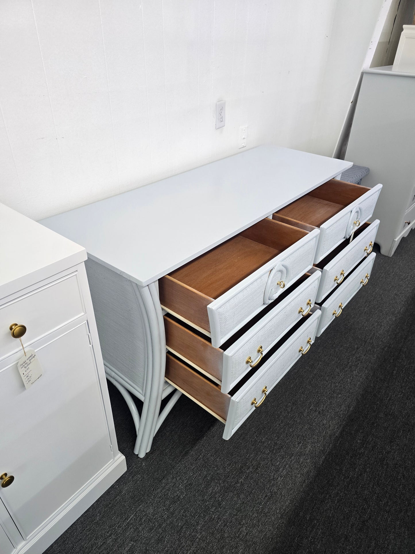 Light blue rattan dresser