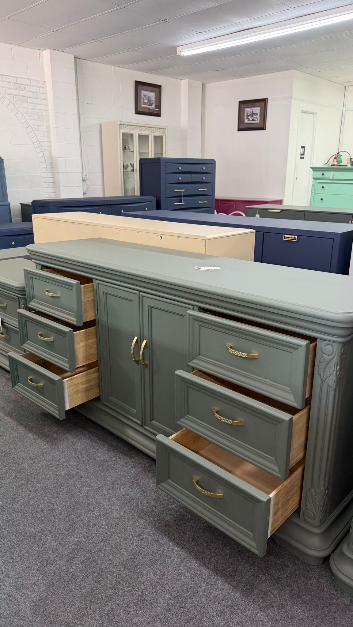 Pewter green carved long dresser