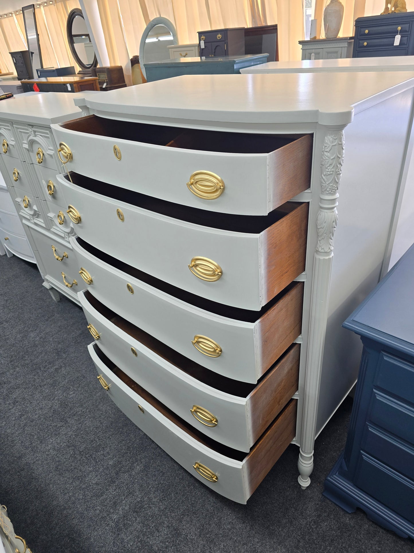 Gray solid wood bowfront chest