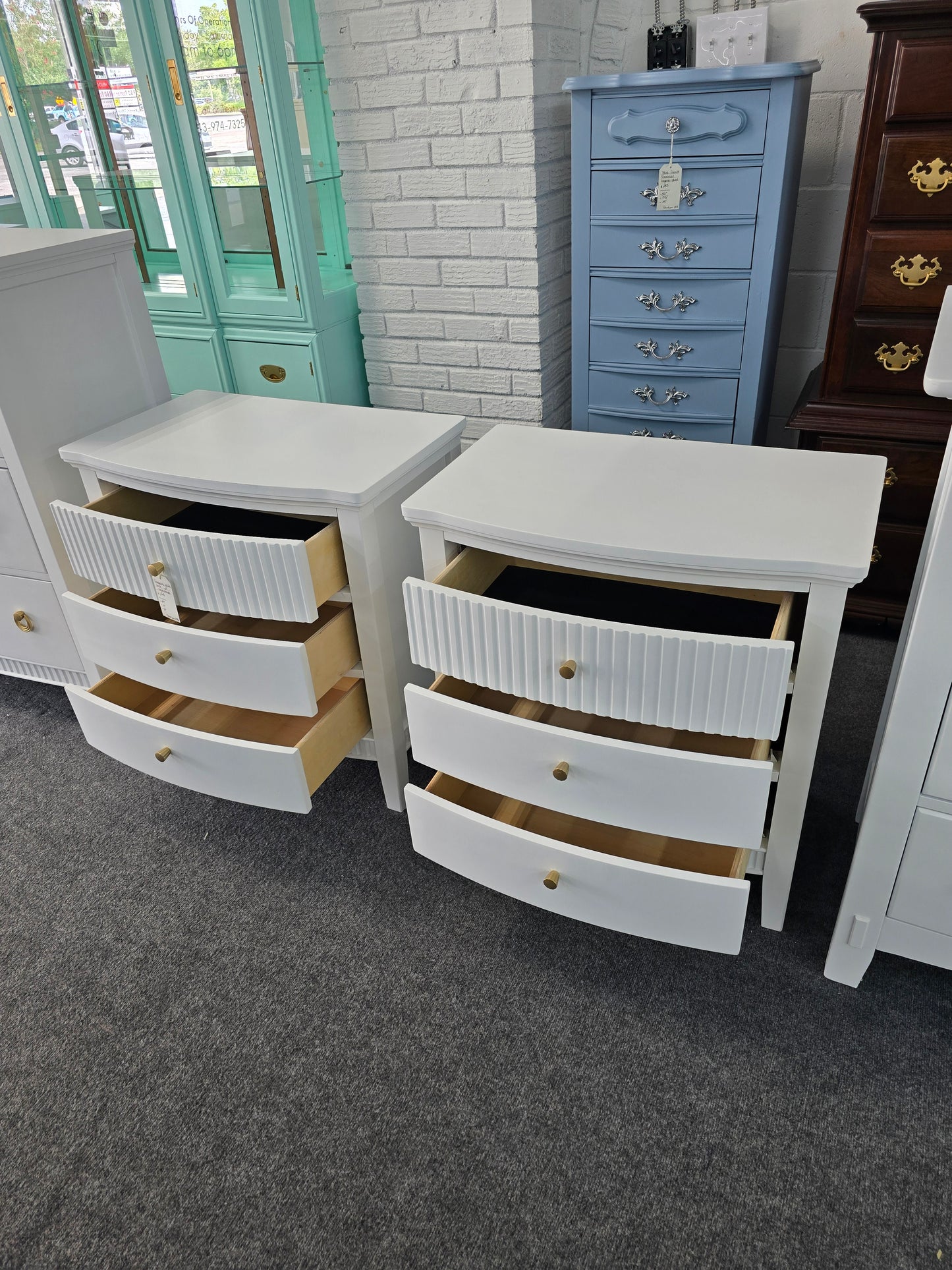 Gorgeous white bowfront pair of nightstands