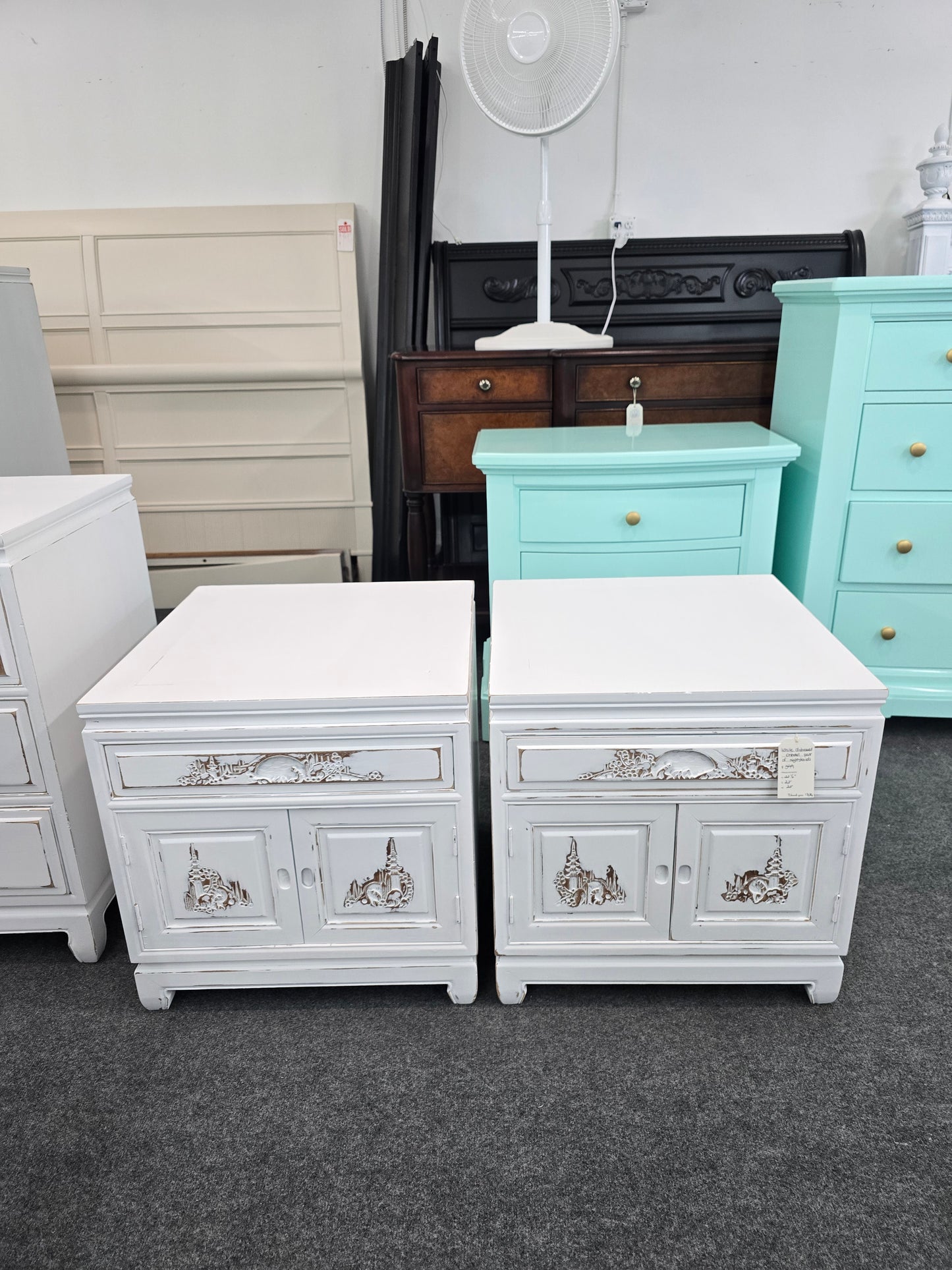 White Distressed oriental pair of nightstands