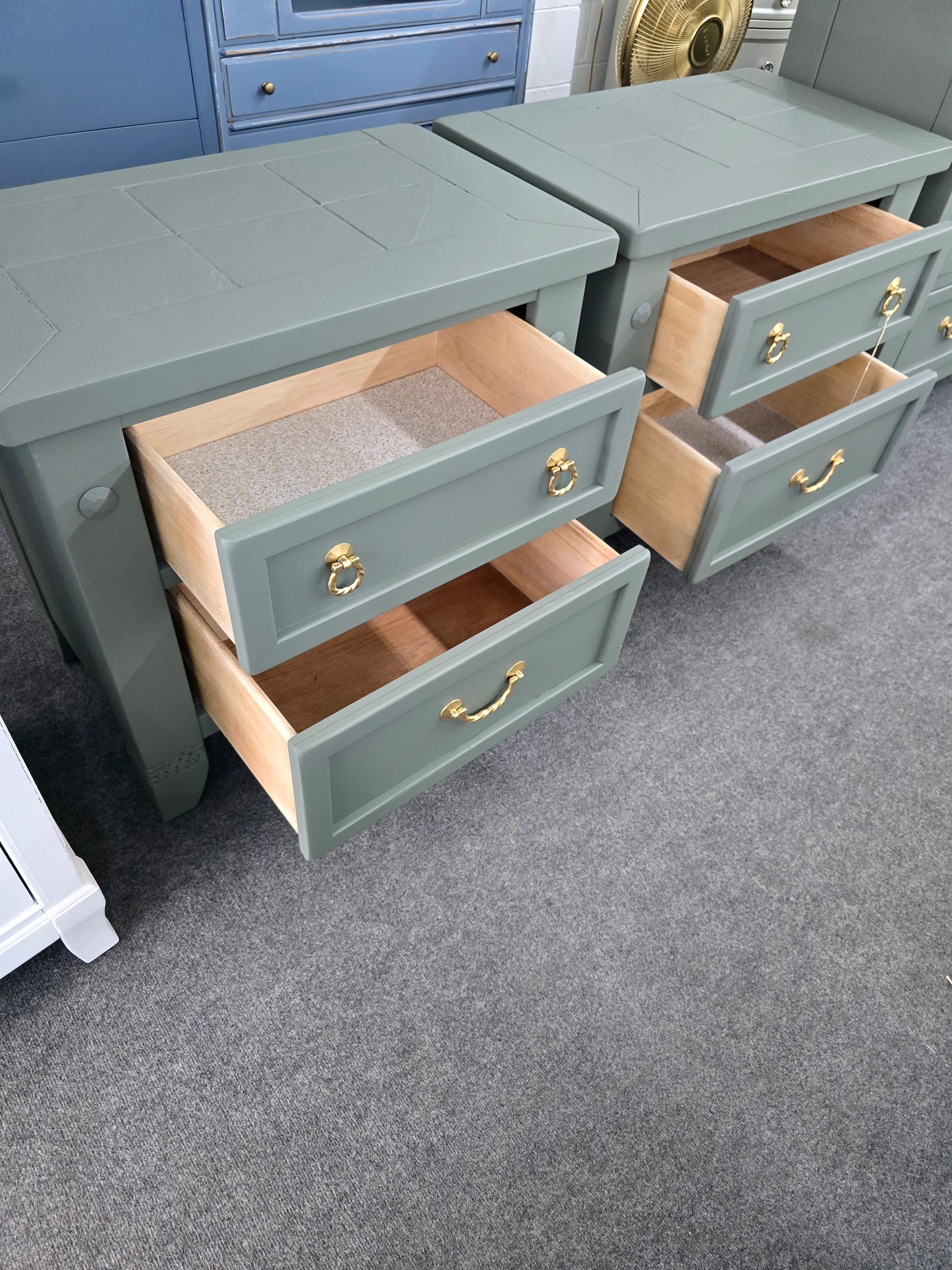 Pewter green farmhouse pair of nightstands