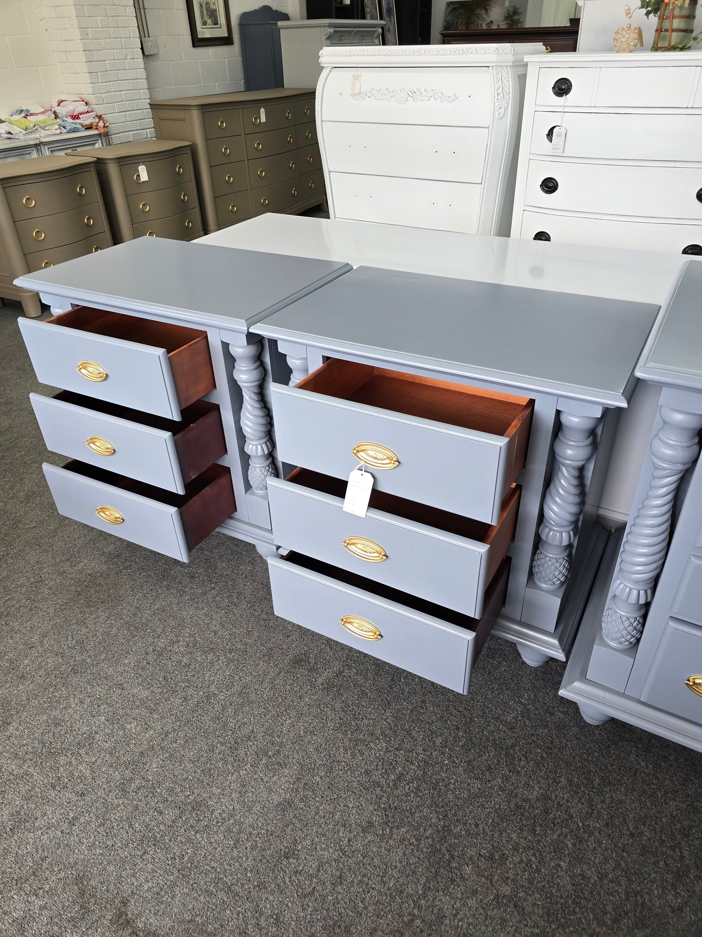 2 gray lacquered nightstands