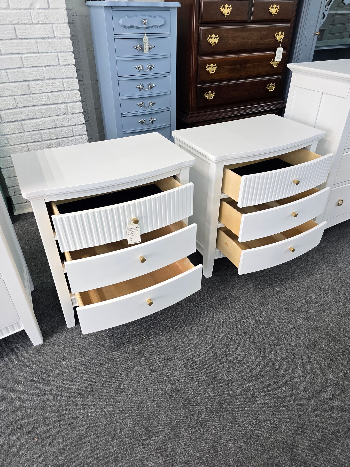 Gorgeous white bowfront pair of nightstands