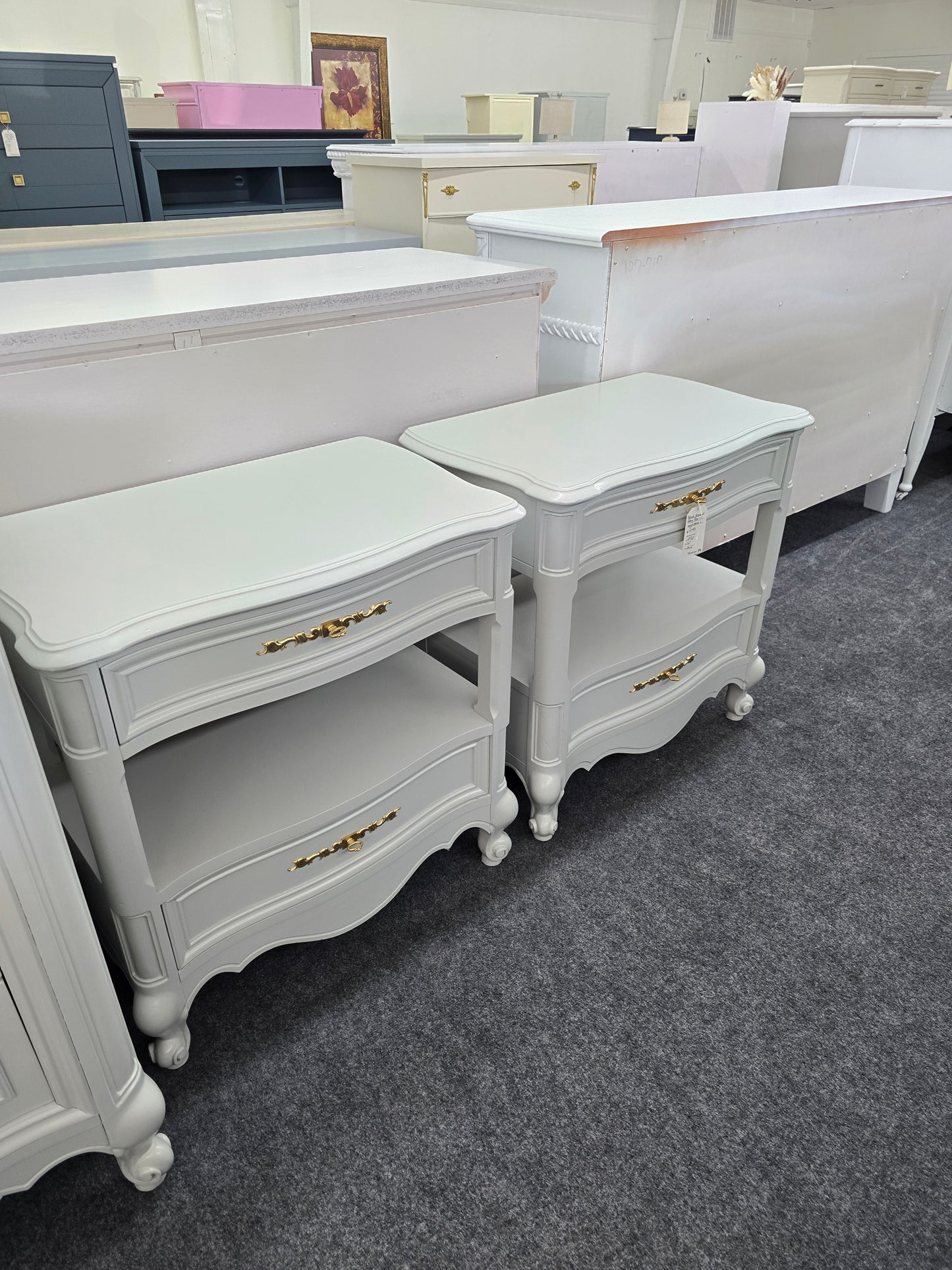 French provincial solid wood gray pair of nightstands