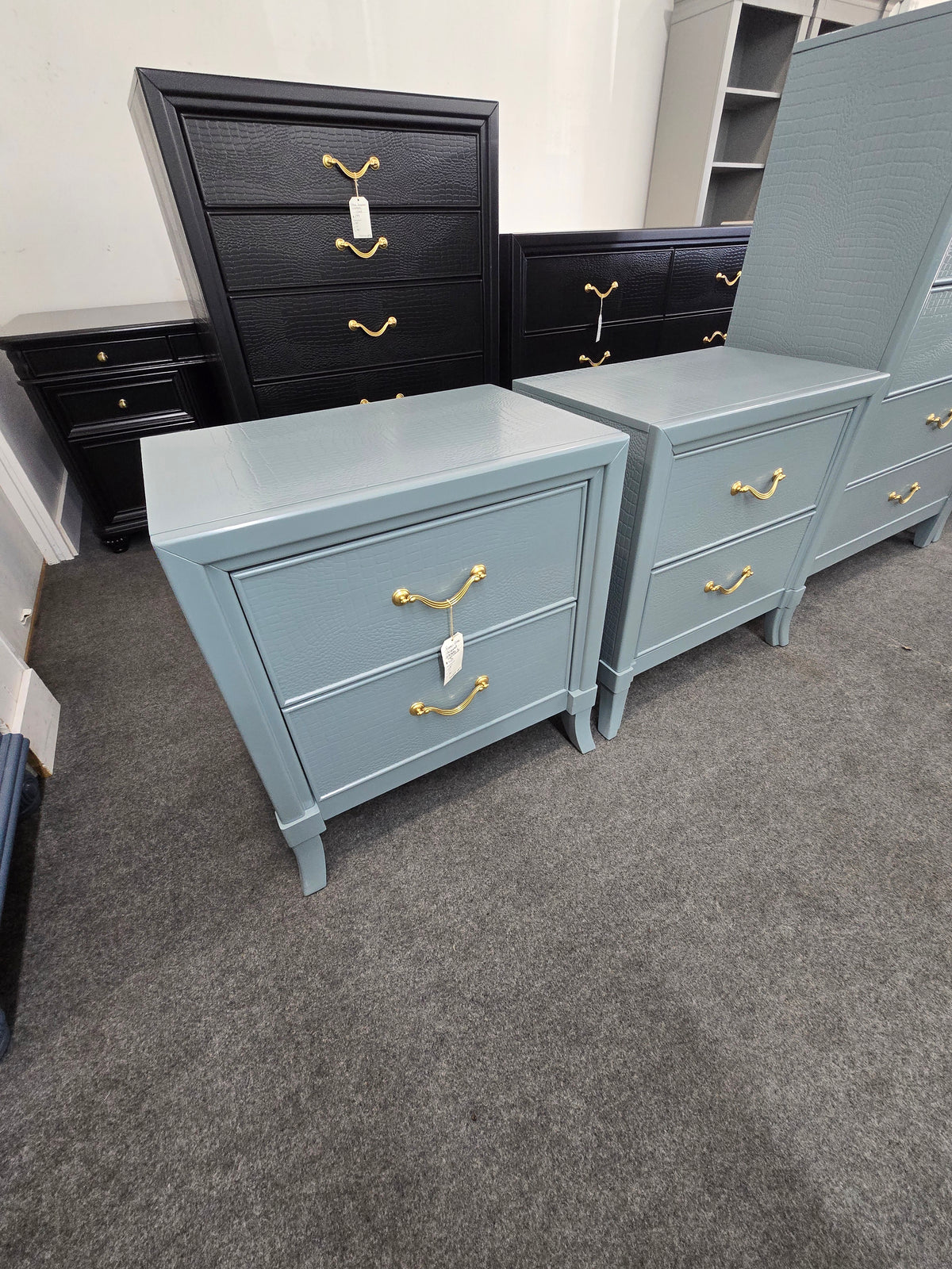 Simons green gray lacquered pair of nightstands