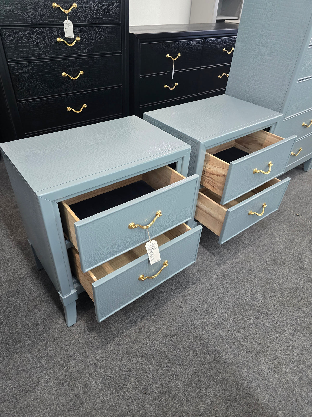 Simons green gray lacquered pair of nightstands
