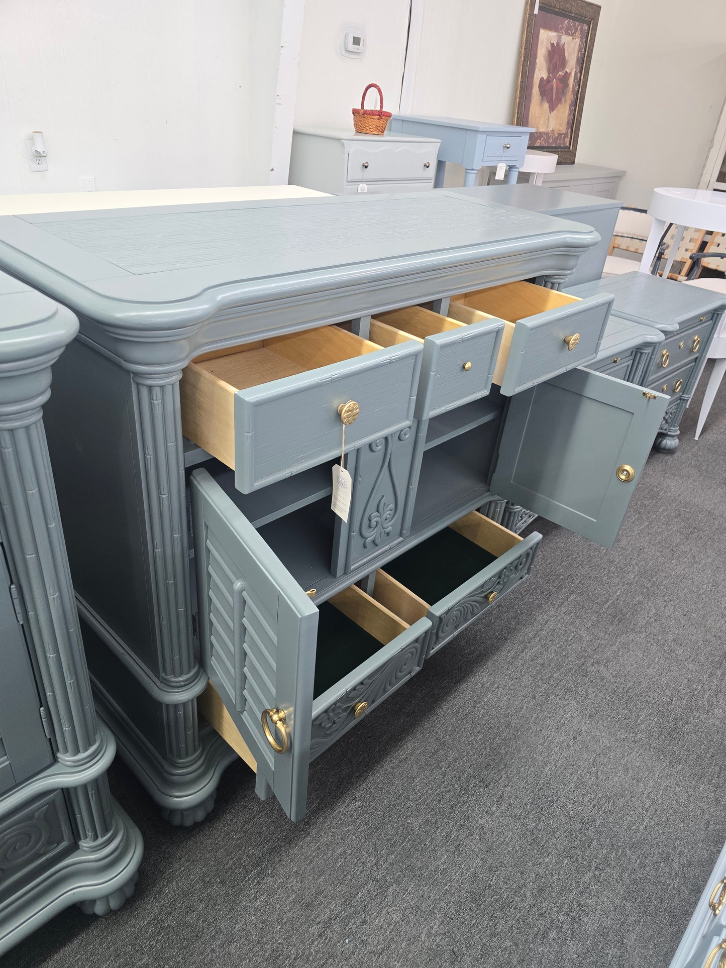 Broyhill bamboo green gray lacquered dresser