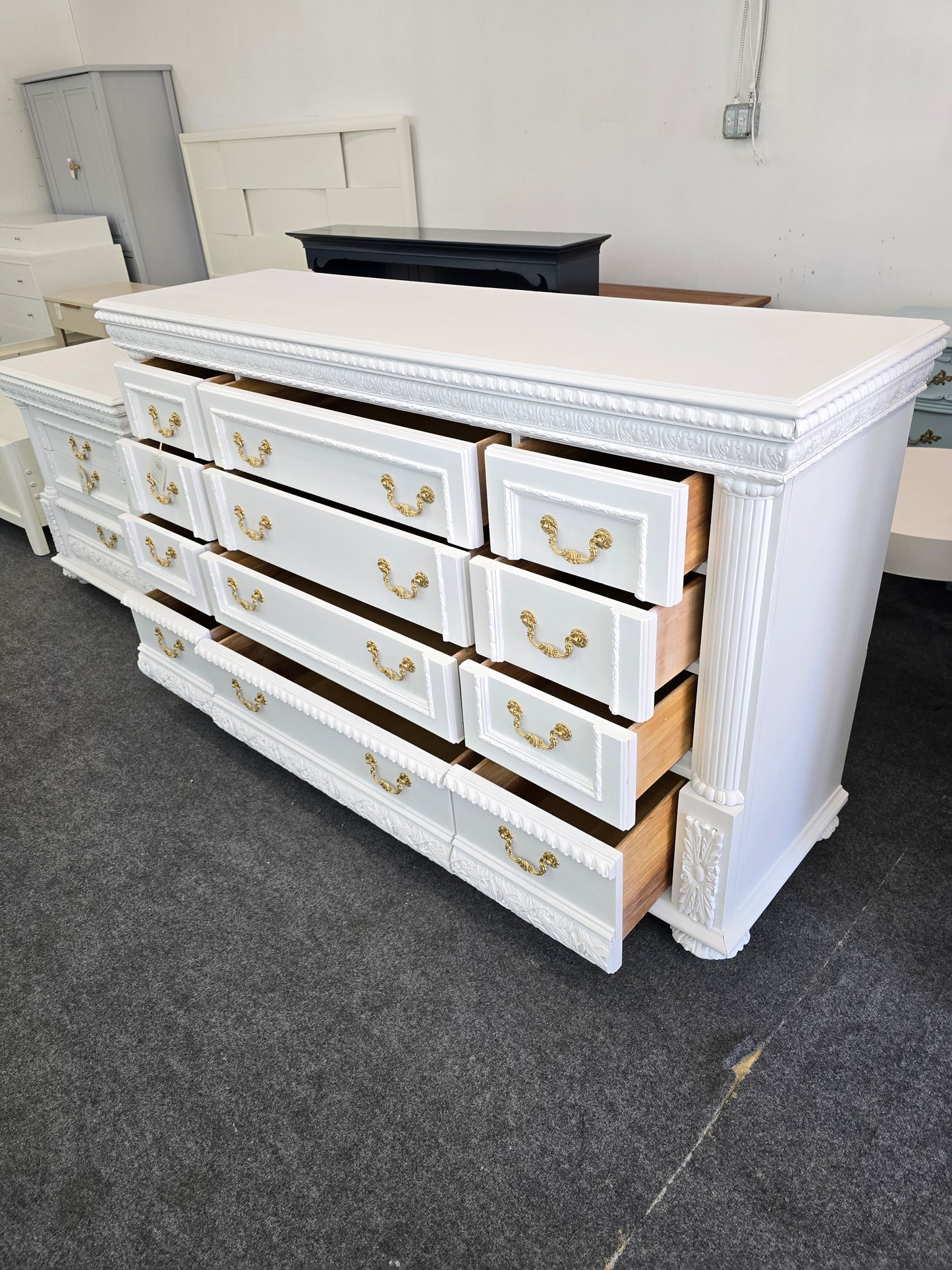 Gorgeous 12 drawers white carved dresser