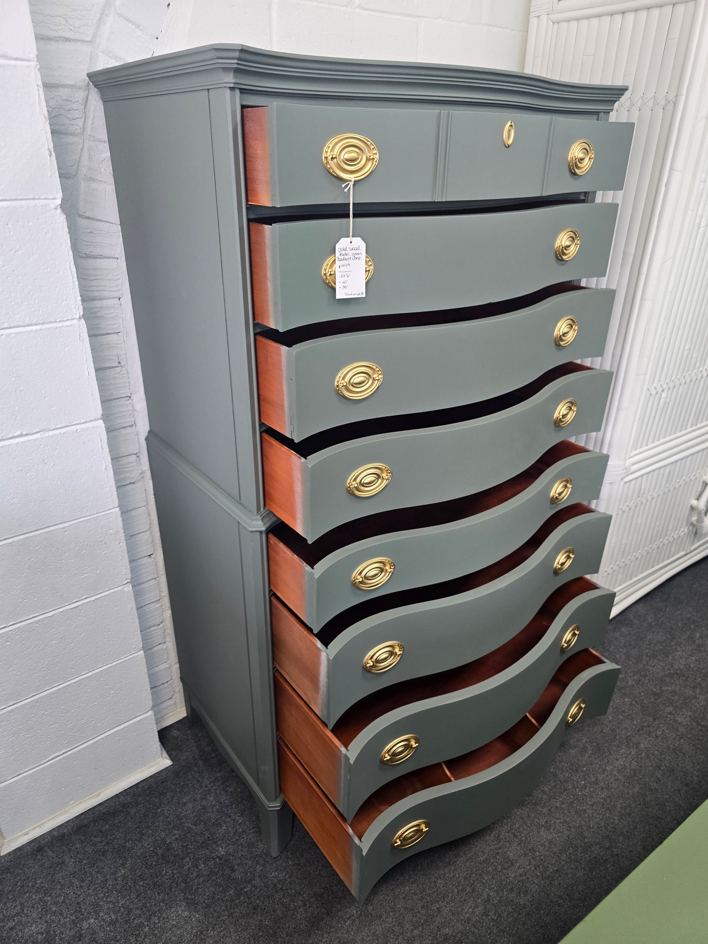 Pewter green serpentine tall chest