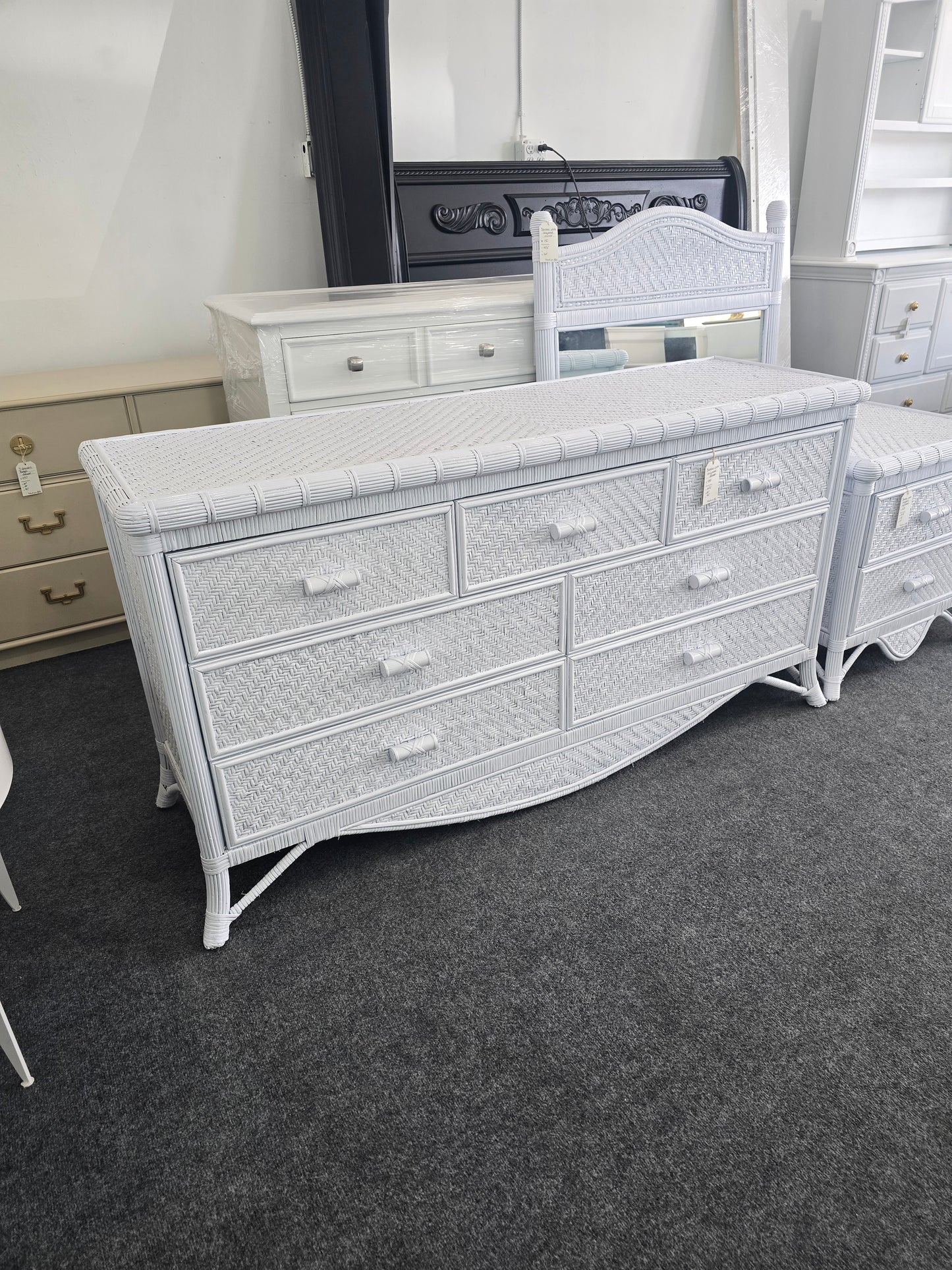 White lacquered bamboo & rattan dresser