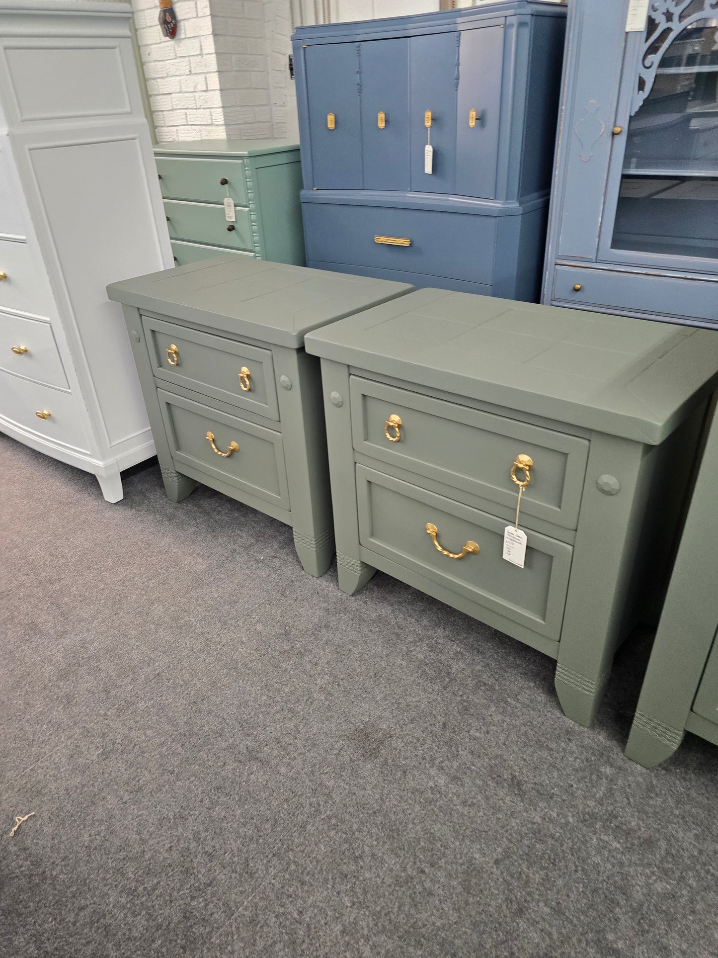 Pewter green farmhouse pair of nightstands